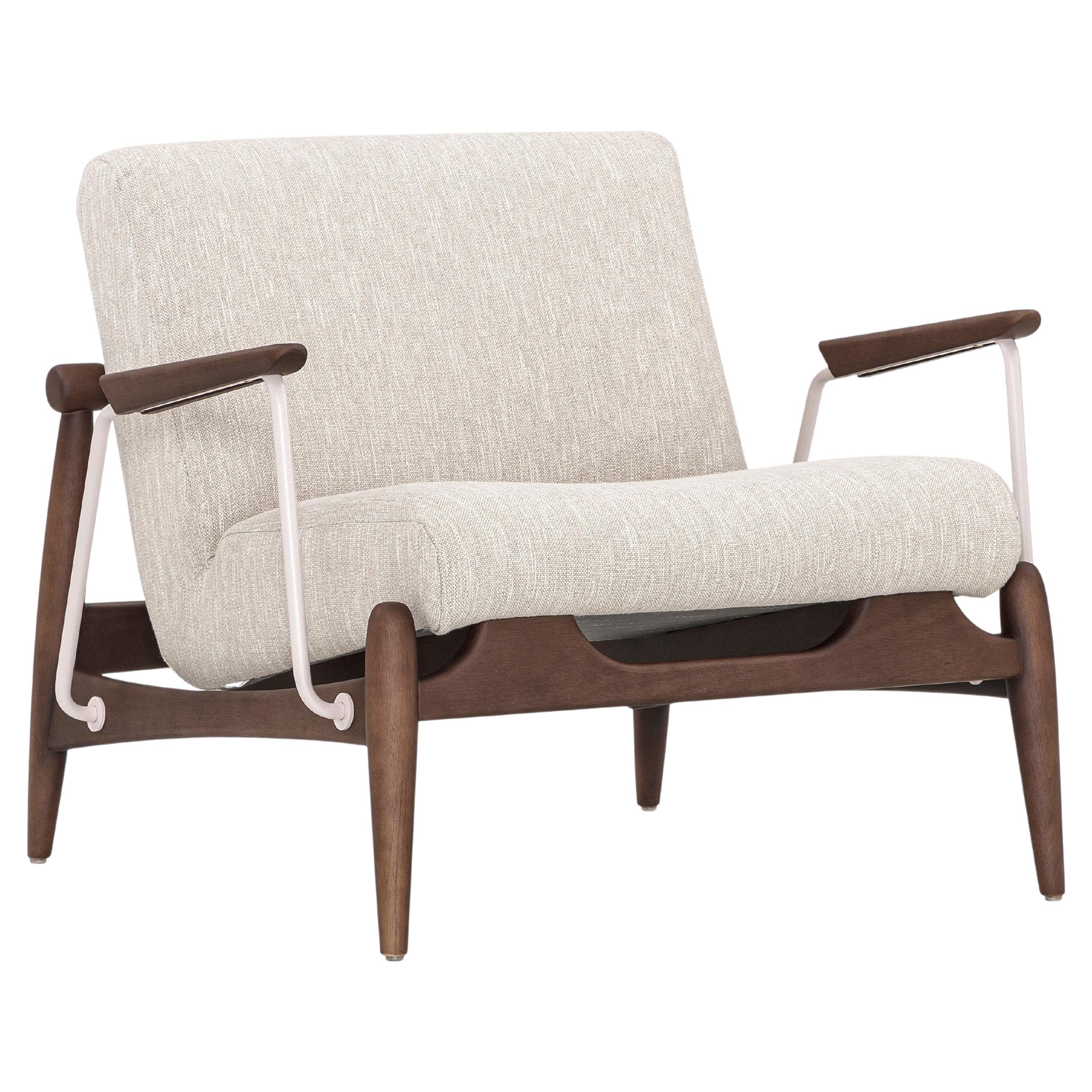 Win Armchair Featuring Metal & Walnut Wood Finish Frame with Ivory Fabric For Sale