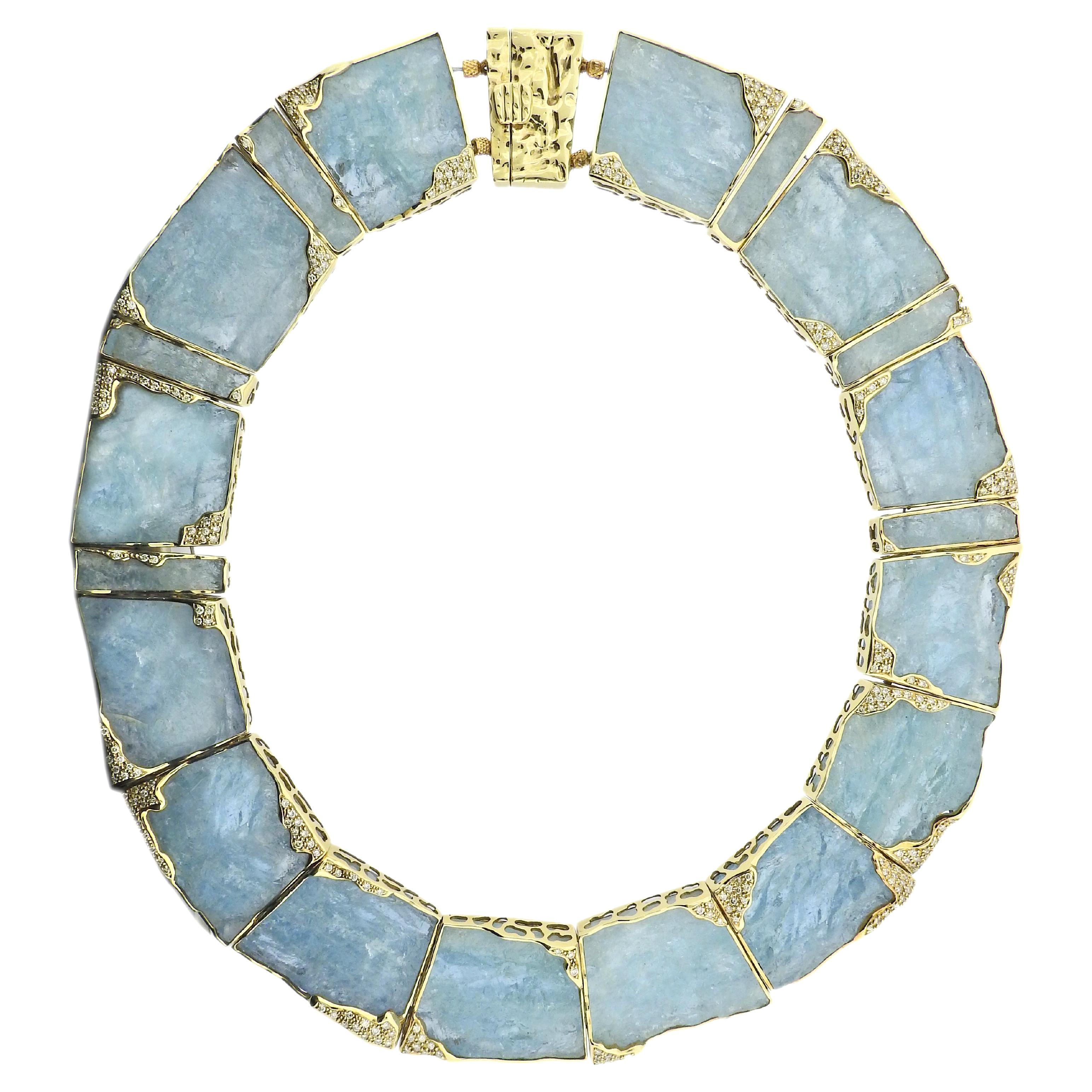Winc Magnificent Natural Aquamarine Hammered Gold Diamond Necklace For Sale