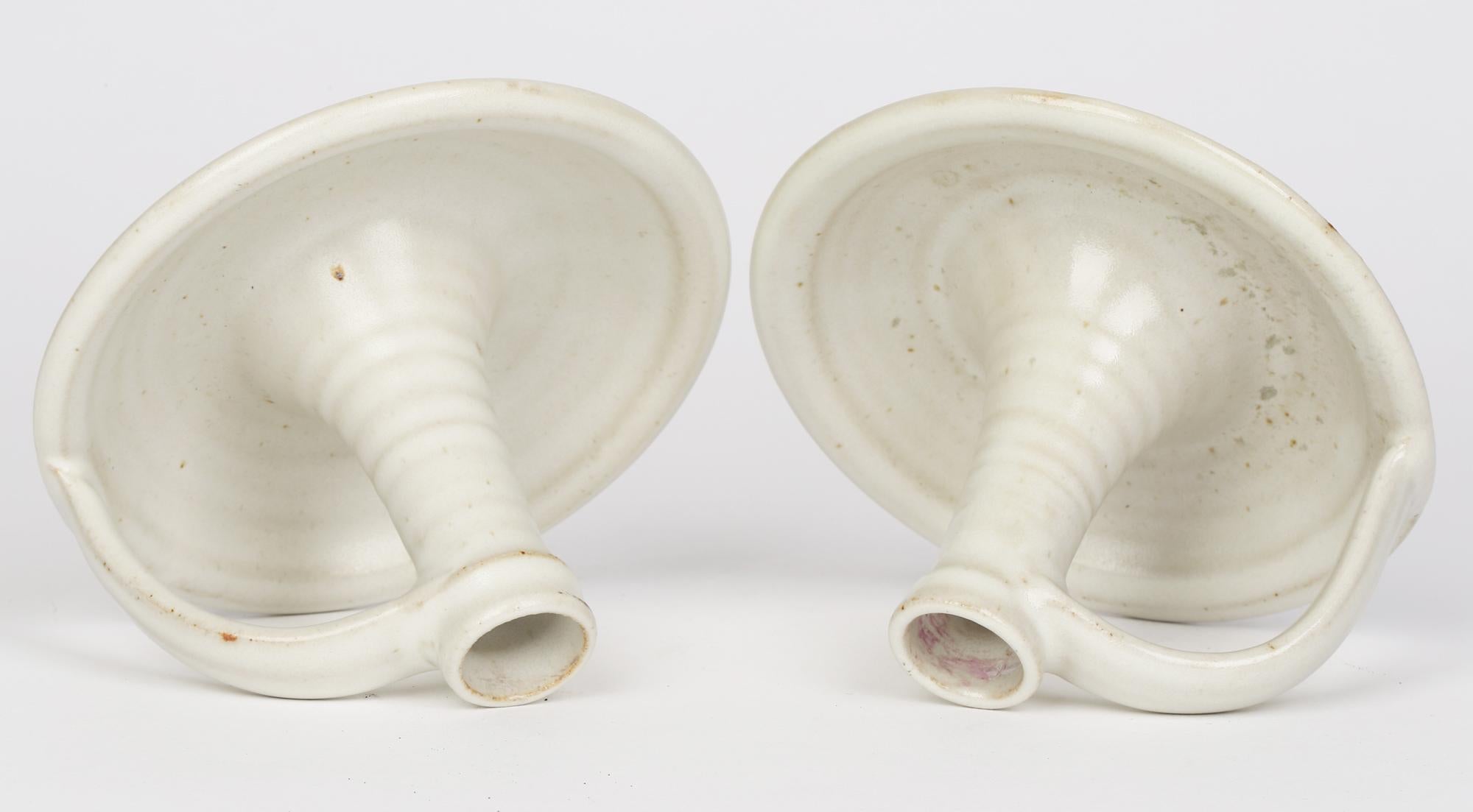 Mid-Century Modern Winchcombe Studio Pottery Pair Oatmeal Glazed Chamber Sticks For Sale