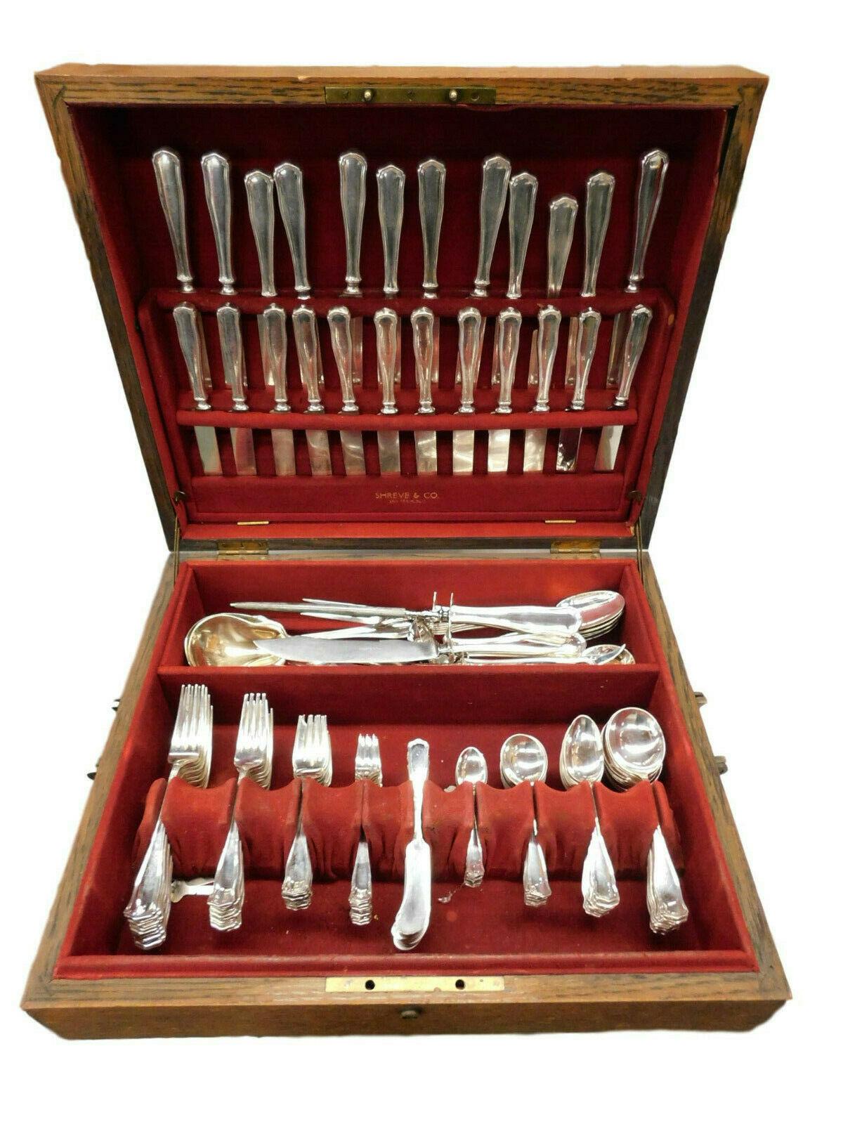 Superb dinner and Luncheon service for 12 in the pattern Winchester by Shreve & Co. sterling silver, 149 pieces, housed in vintage Shreve chest. This Arts & Crafts pattern was introduced in the year 1910 and features a unique raised border. This set
