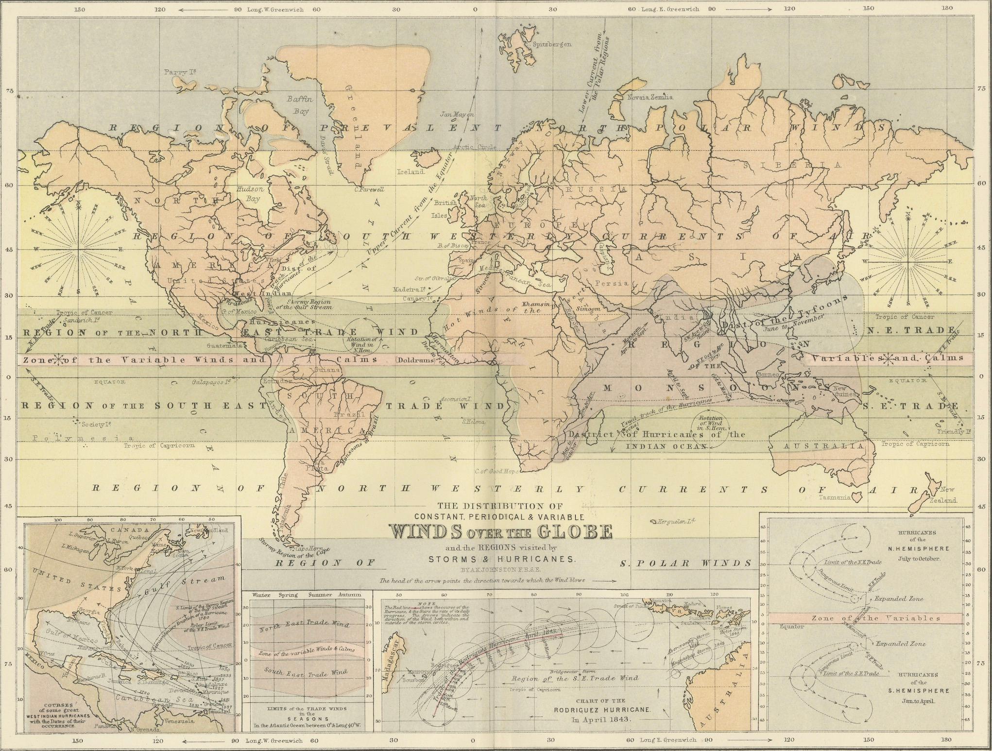 Wind and Hurricane Map by A.K. Johnston – Meteorological Chart 1852

This scientifically significant 1852 map titled 