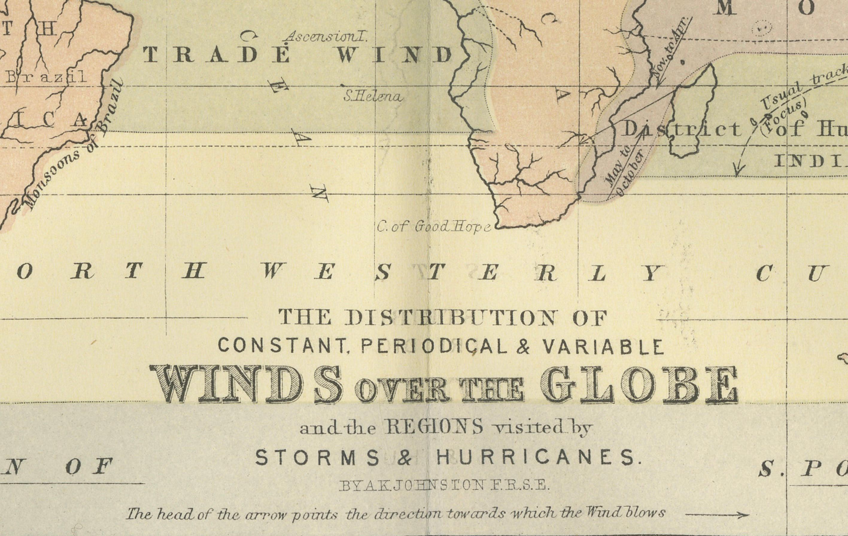Scottish Wind and Hurricane Map by A.K. Johnston – Meteorological Chart 1852 For Sale