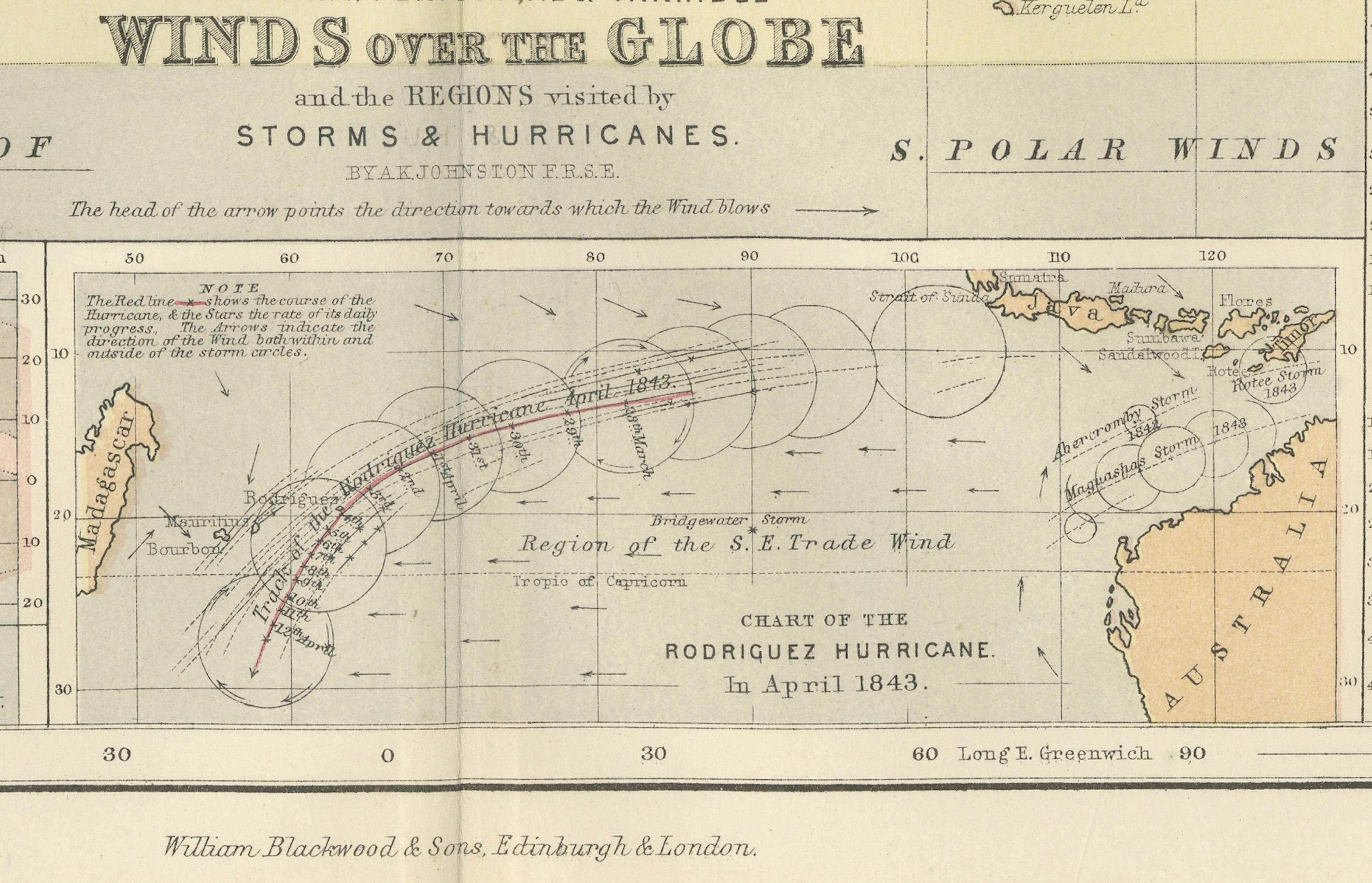 Wind and Hurricane Map by A.K. Johnston – Meteorological Chart 1852 In Good Condition For Sale In Langweer, NL