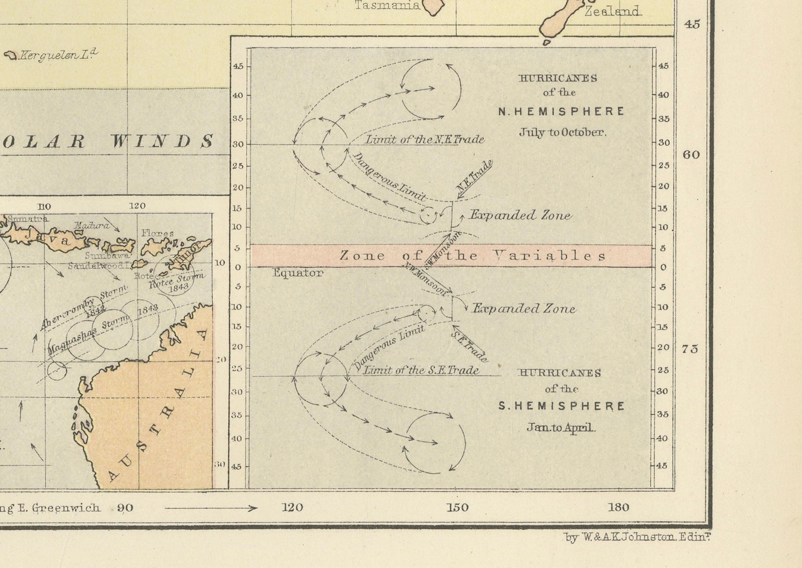 19th Century Wind and Hurricane Map by A.K. Johnston – Meteorological Chart 1852 For Sale