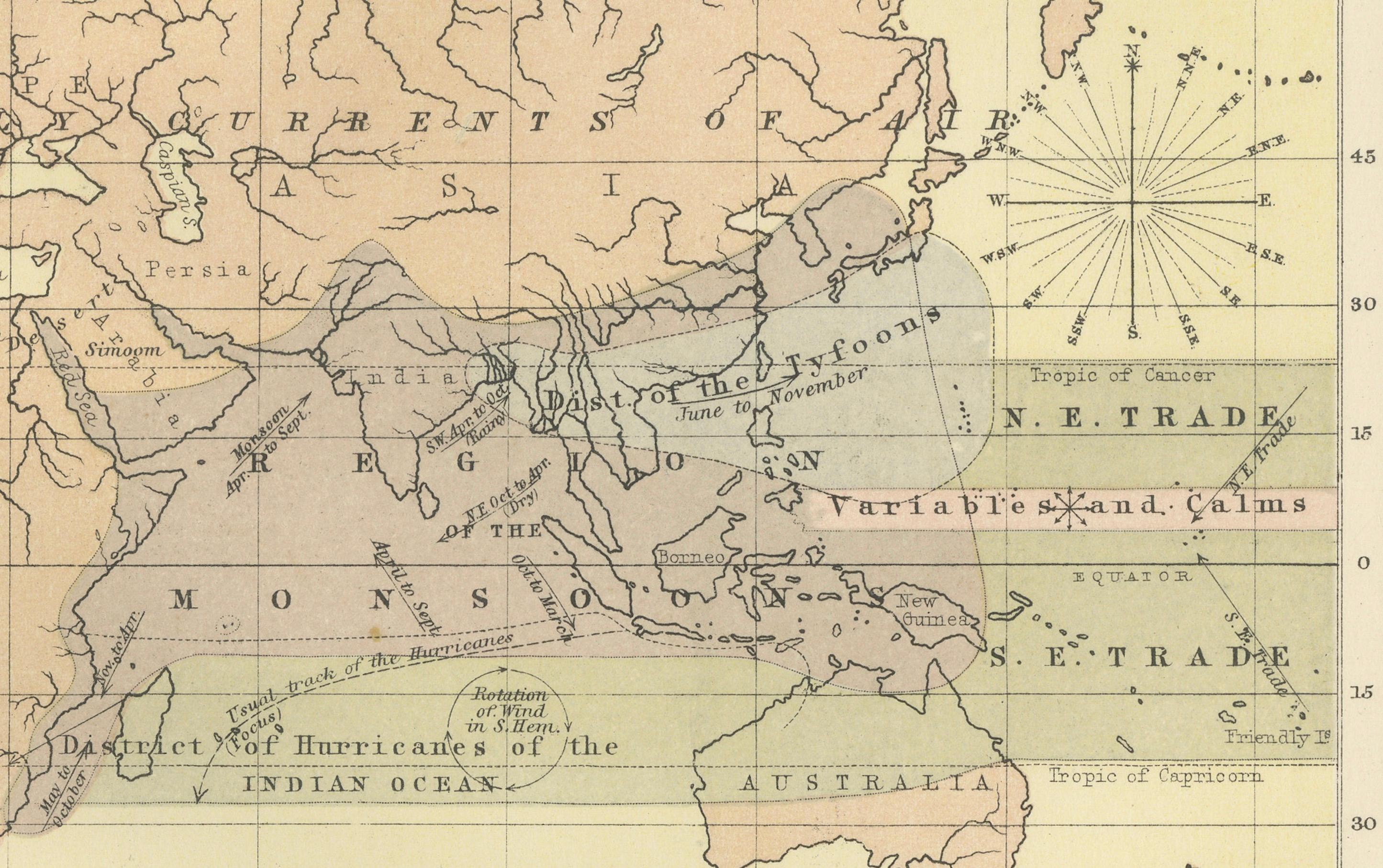 Paper Wind and Hurricane Map by A.K. Johnston – Meteorological Chart 1852 For Sale