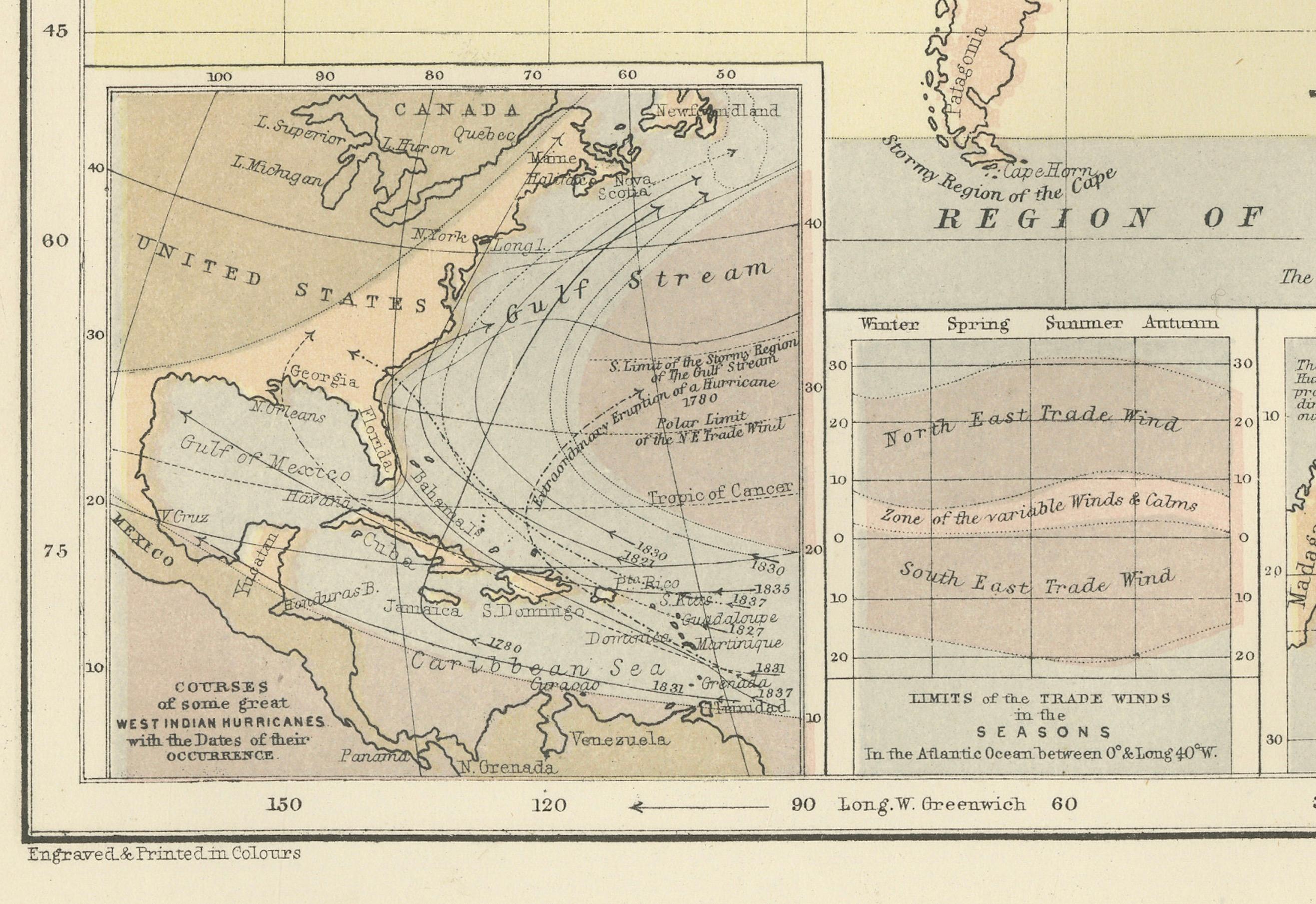 Wind and Hurricane Map by A.K. Johnston – Meteorological Chart 1852 For Sale 1