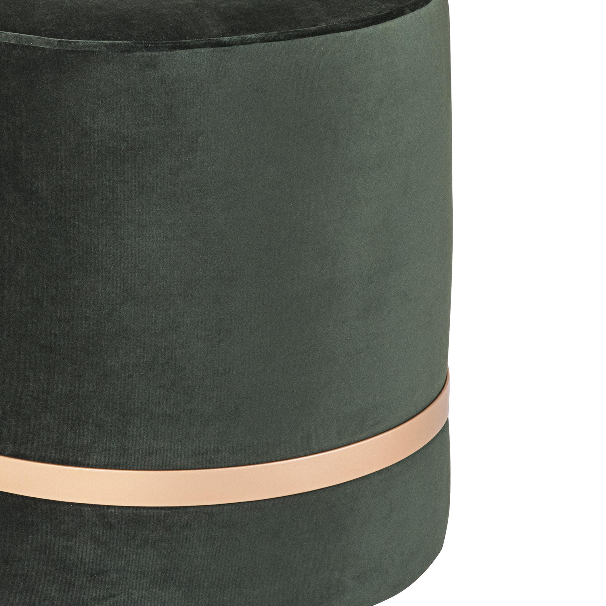 The ottoman has a round shape and is internally produced with wood and foam. It is upholstered with velvet fabric in the options: Green, black, light pink and offwhite, but it can also be customized in another type of finish. Request