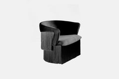"Wind" Swivel Armchair in Velvet and Silk Fringes in Black
