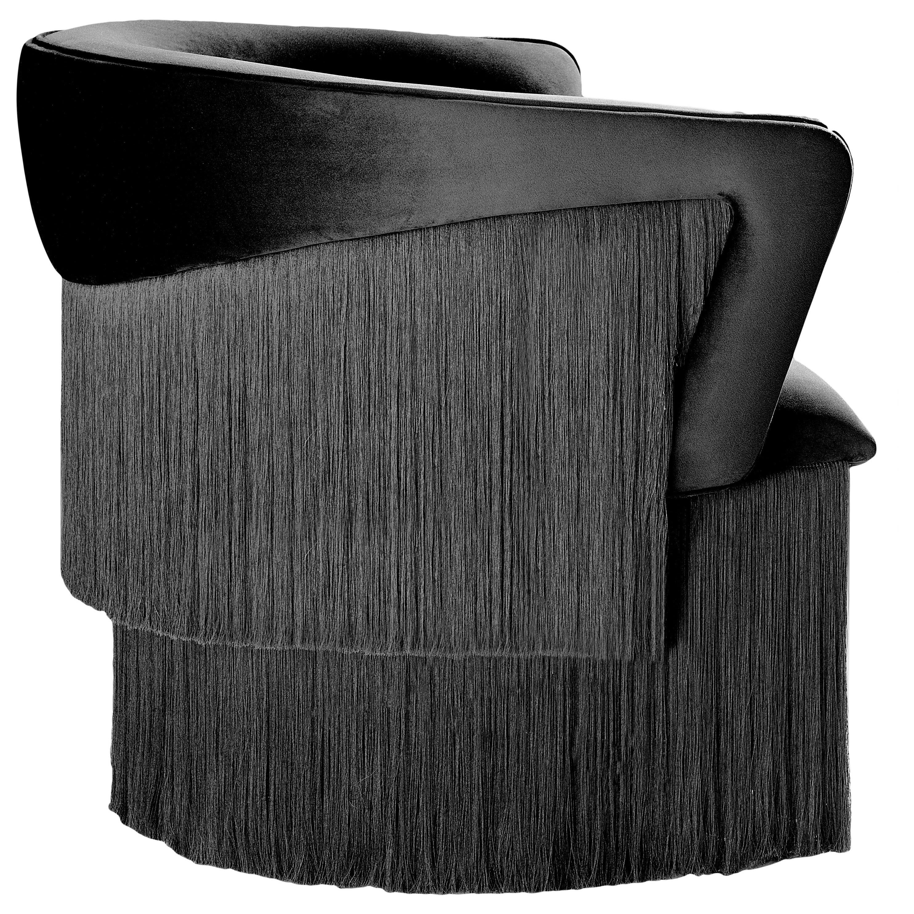 "Wind" Swivel Armchair in Velvet and Silk Fringes in Black For Sale