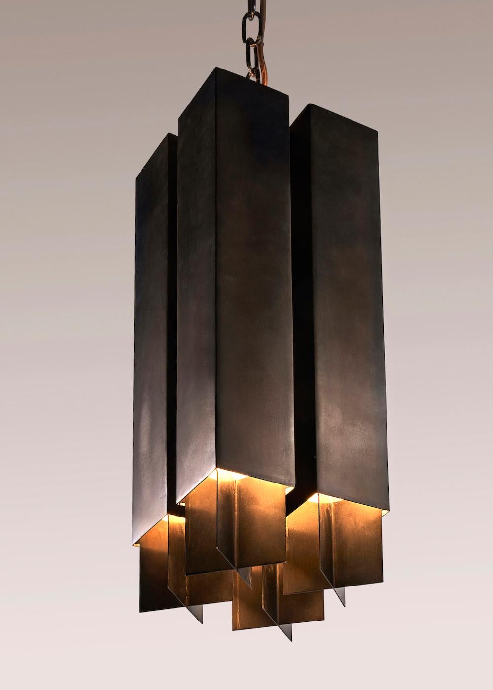 Modern Wind Tall, Blackened Brass Pendant with Chain Suspension For Sale