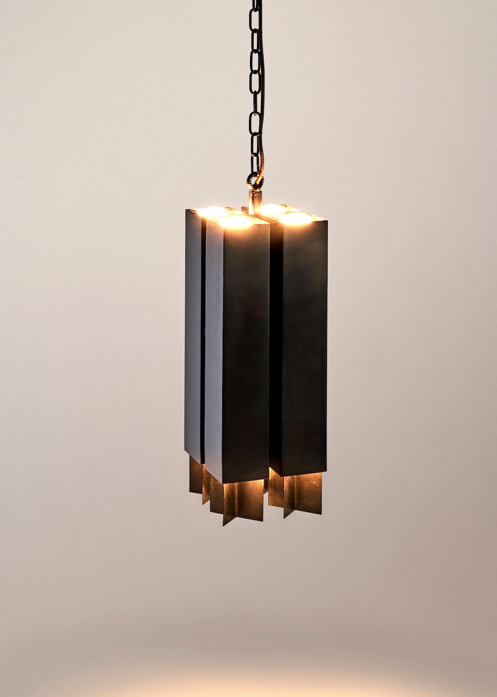 American Wind Tall, Blackened Brass Pendant with Chain Suspension For Sale
