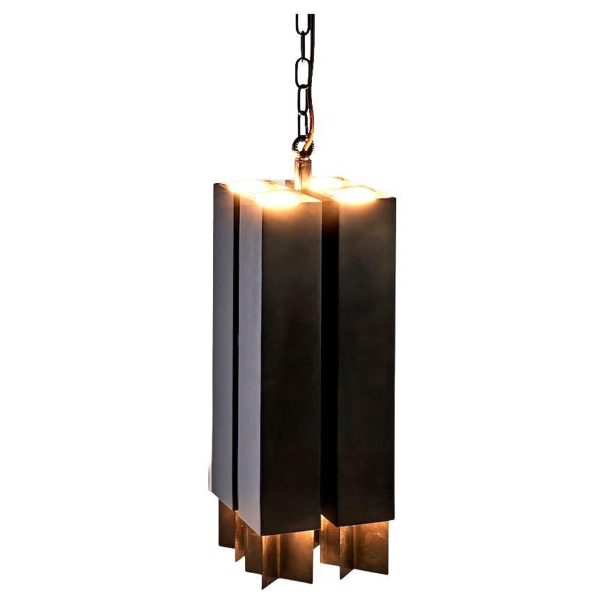 Wind Tall, Blackened Brass Pendant with Chain Suspension For Sale