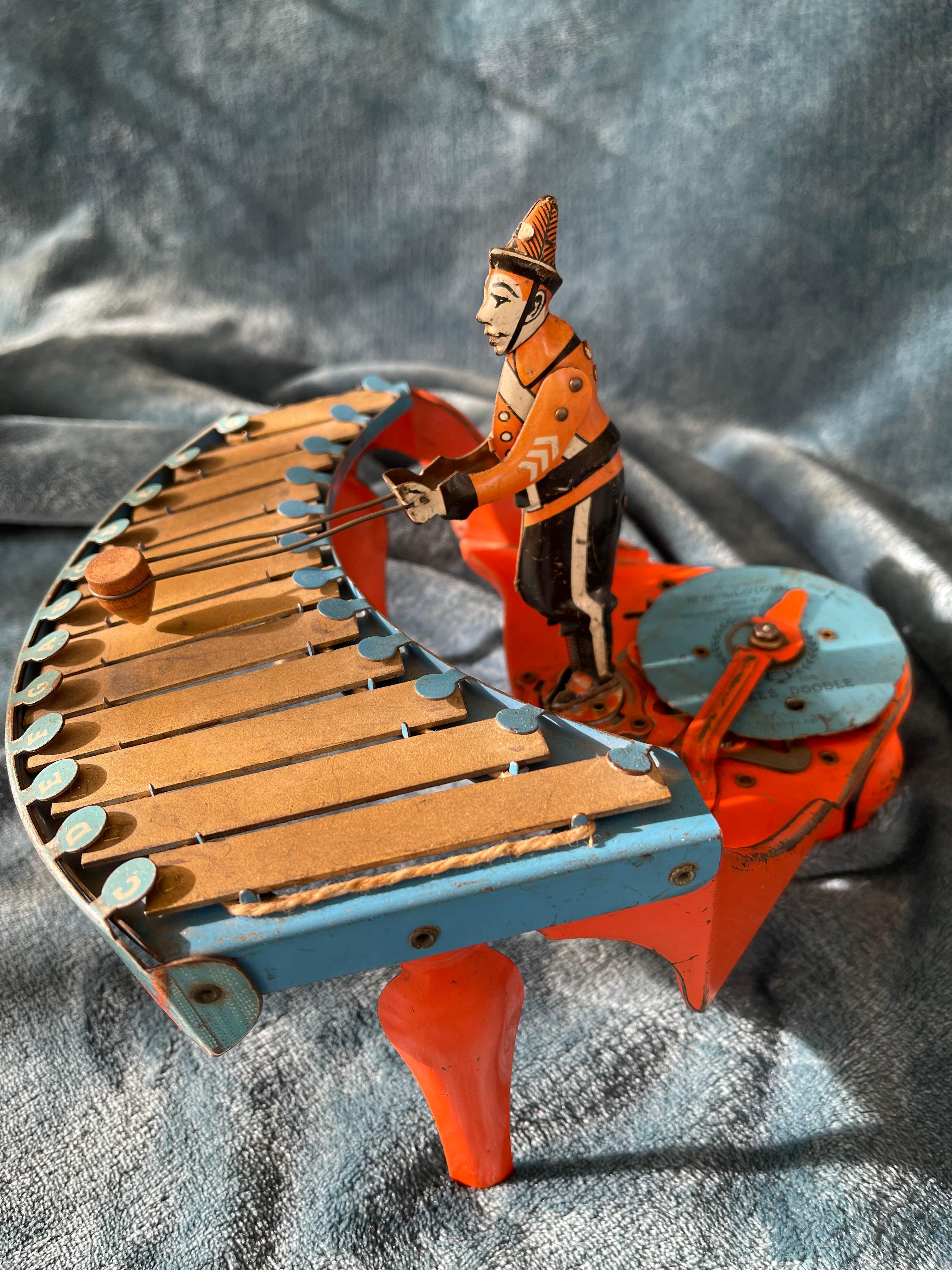 Art Deco Wind Up Musical Toy 'Zilotone', Clown Playing Xylophone, Wolverine Co. 1930's