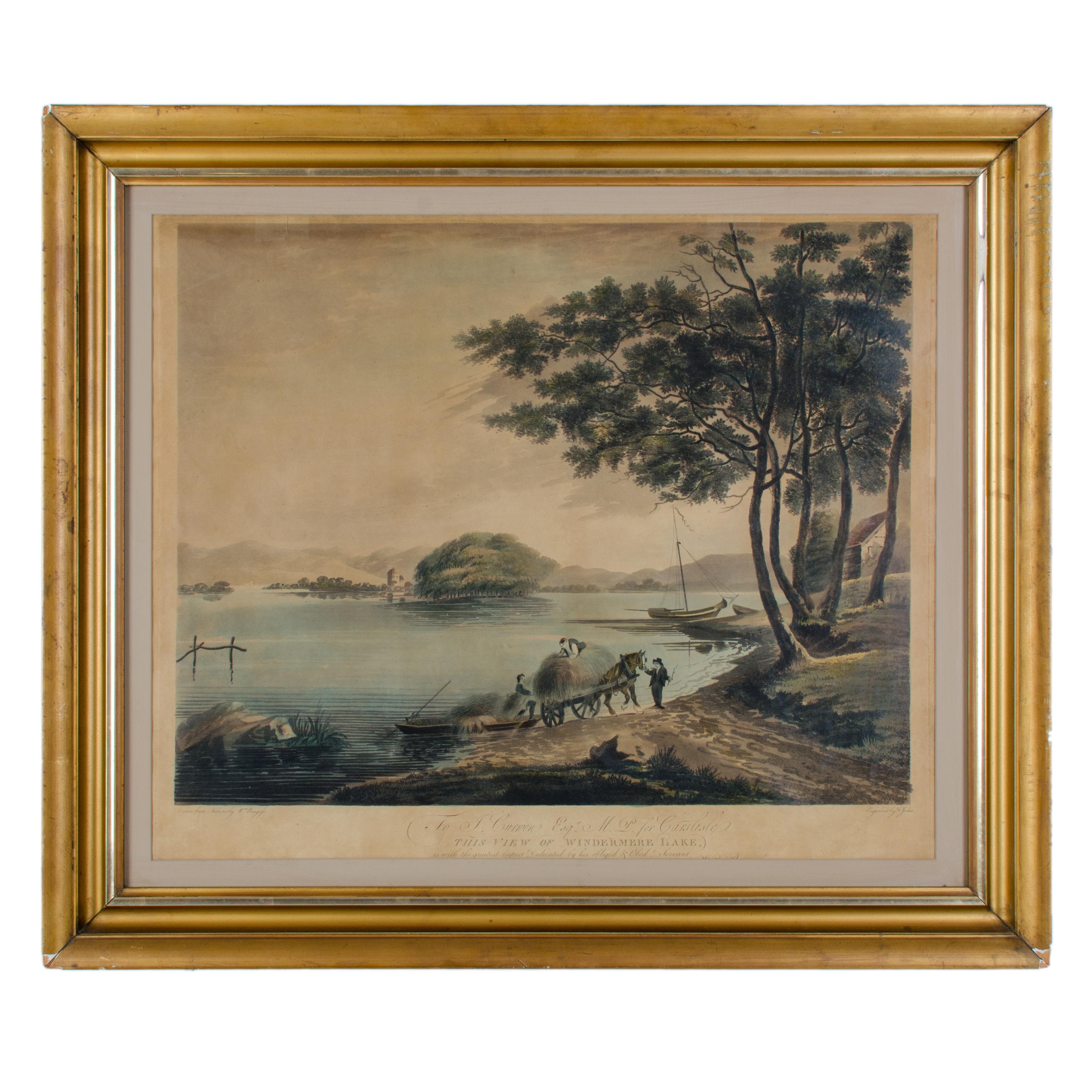 A pair of framed hand-colored aquatint engravings published by Francis Jukes after William Burgess in 1796.  The engravings depict scenes from Lake Windermere in Cumbria, England.  

A View of Lake Windermere, taken from Bowness Ferry “to James