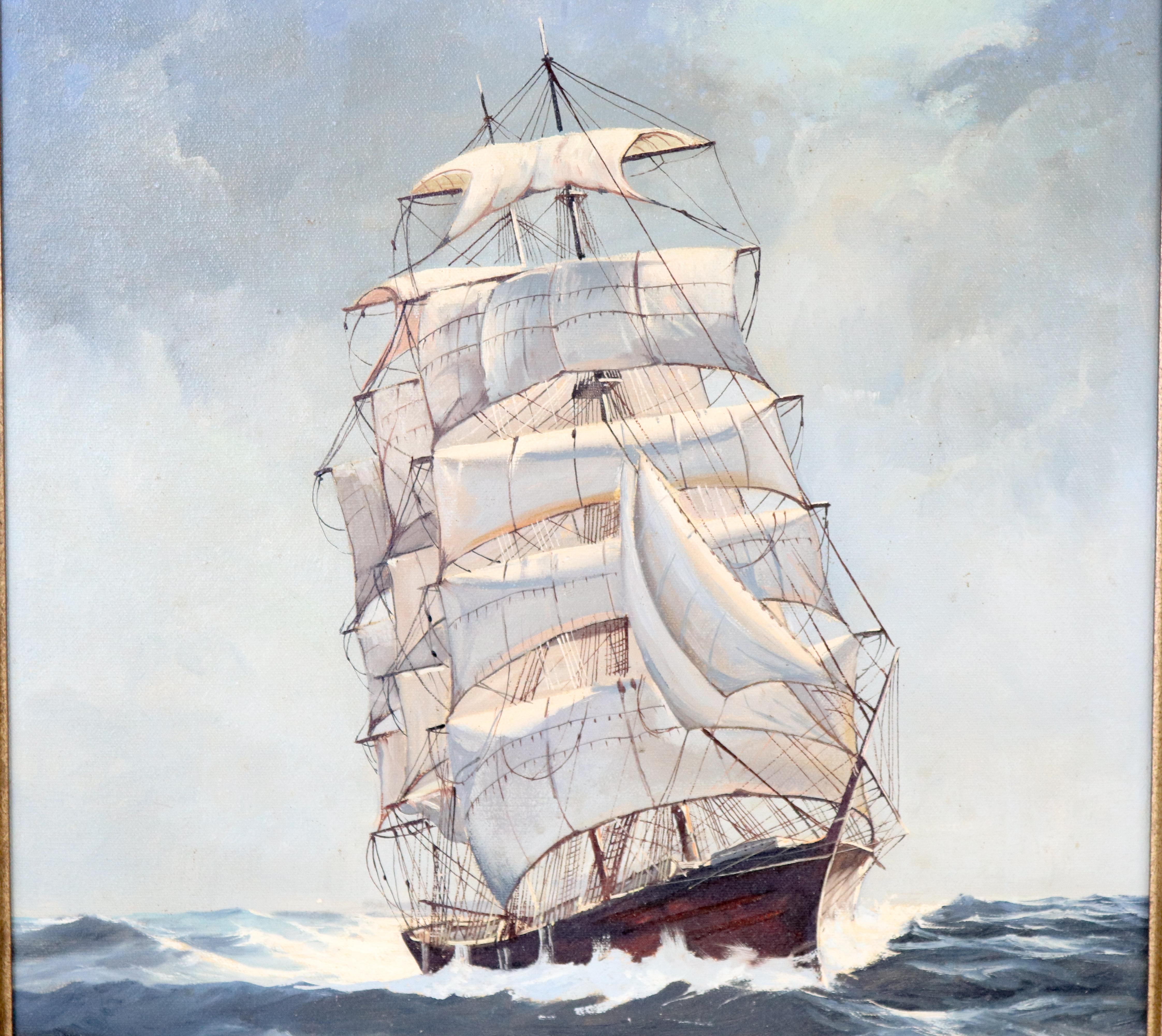 Oil on canvas painting of a windjammer by north shore of Massachusetts artist Robert P. Wheeler. Measures: 27 x 23.