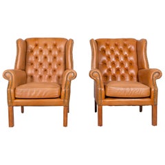Windmill Chesterfield Leather Armchair Set Cognac One-Seat Vintage Chair