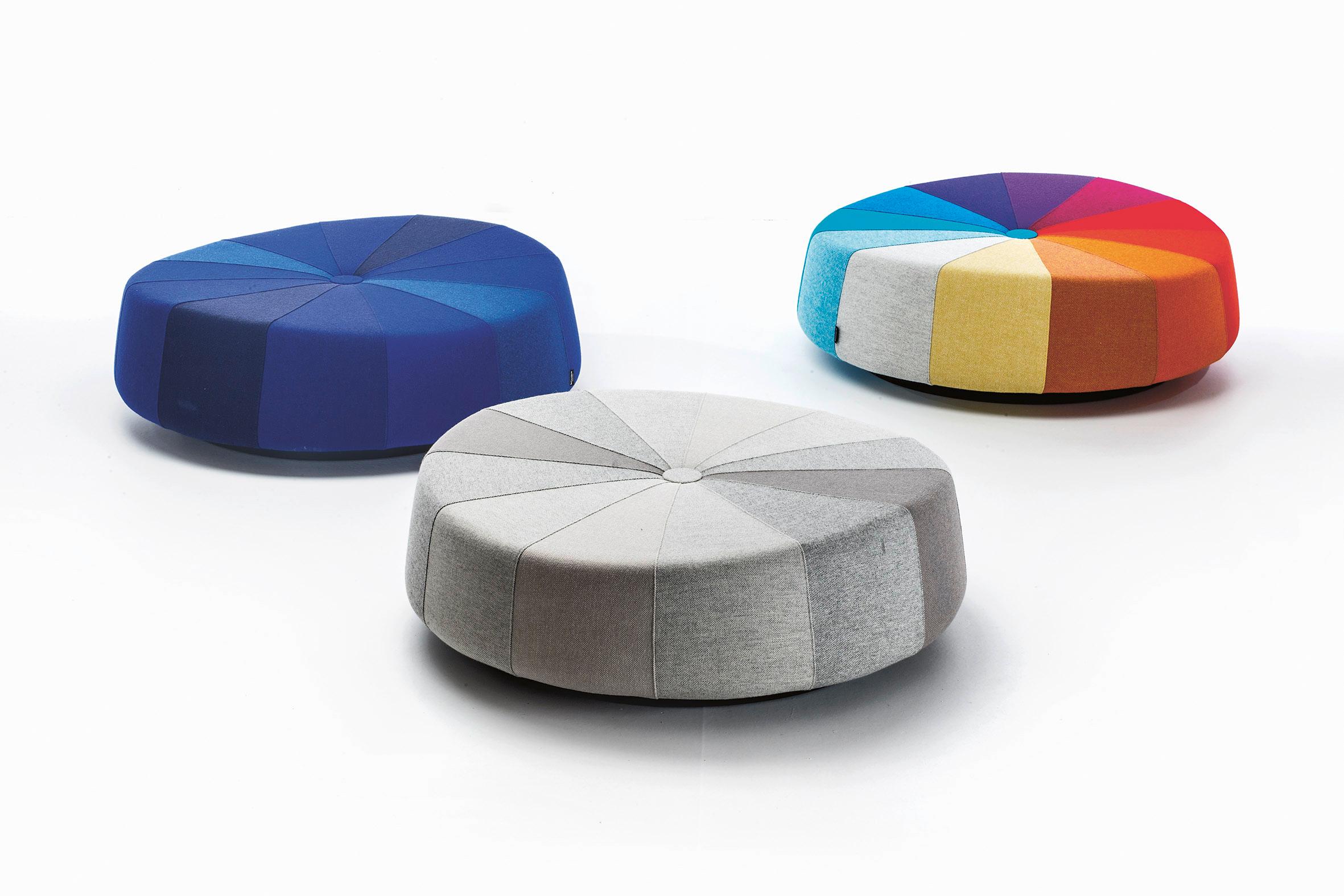 As its name suggests, this delicate, colourful collection of poufs was inspired by windmills. The curved forms and wedges of colour can form small or large islands. A museum in Lille has chosen Windmill to provide seating for its guests and it is