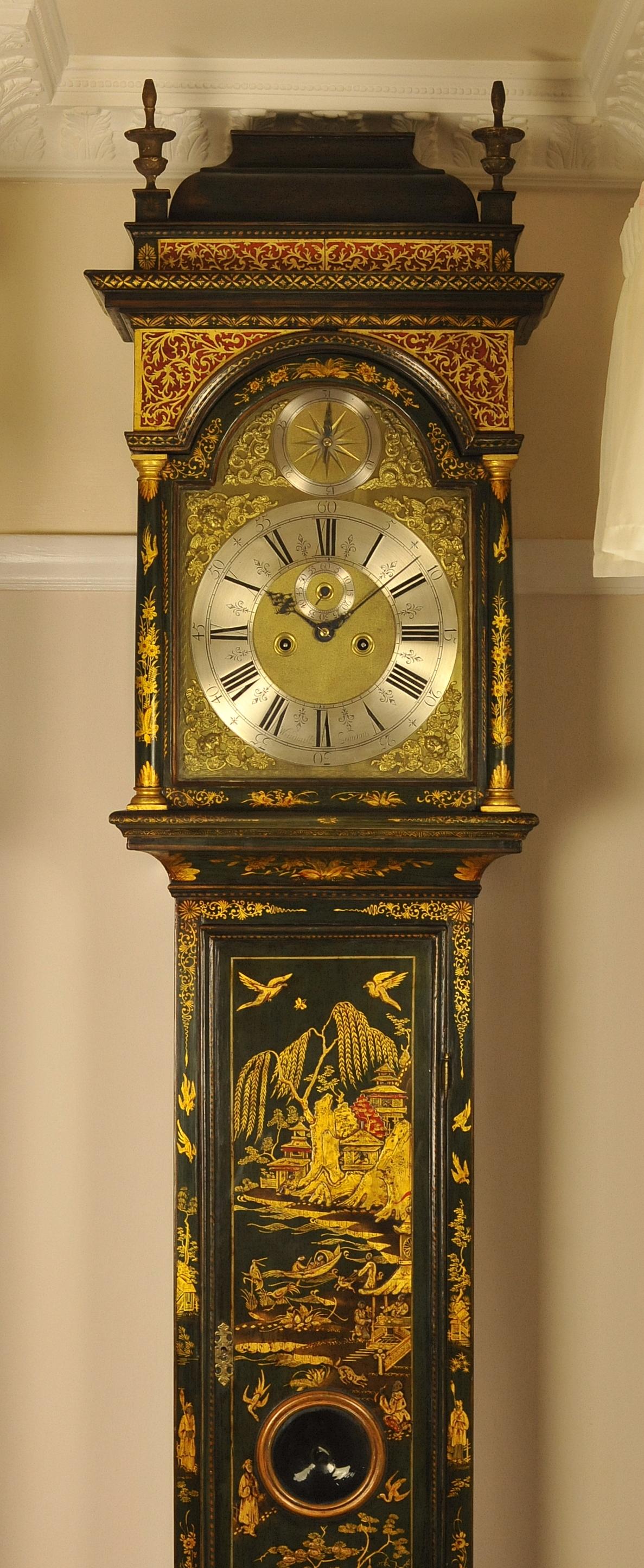 
Joseph Windmills (c1640-1724), was an eminent London watch- and clockmaker who, with his son Thomas, produced outstanding timepieces between 1671 and 1737.
This is a particularly fine and impressive 8 day Chinoiserie longcase clock by signed