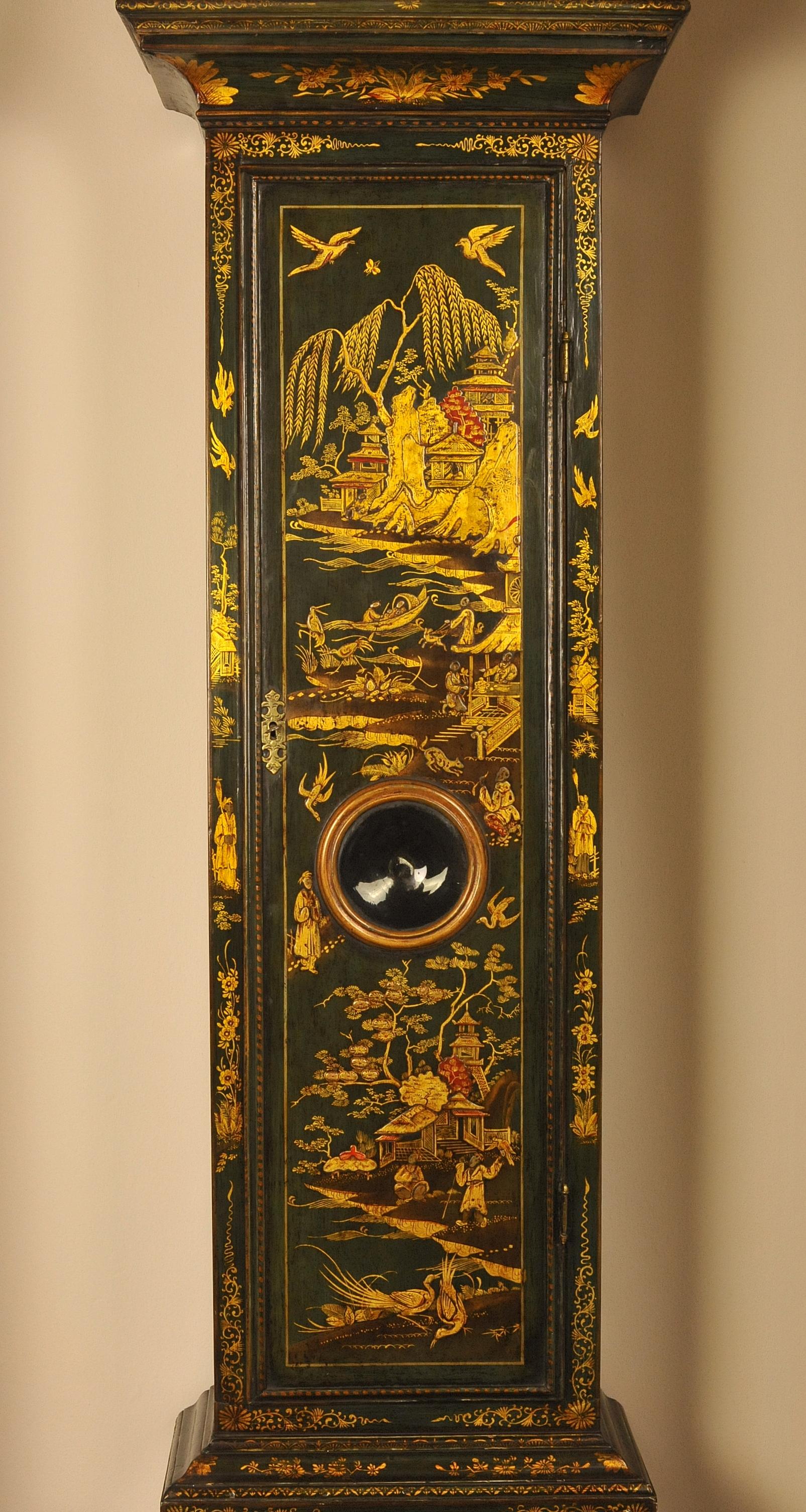 English Windmills Green Lacquer Chinoiserie Longcase Clock For Sale