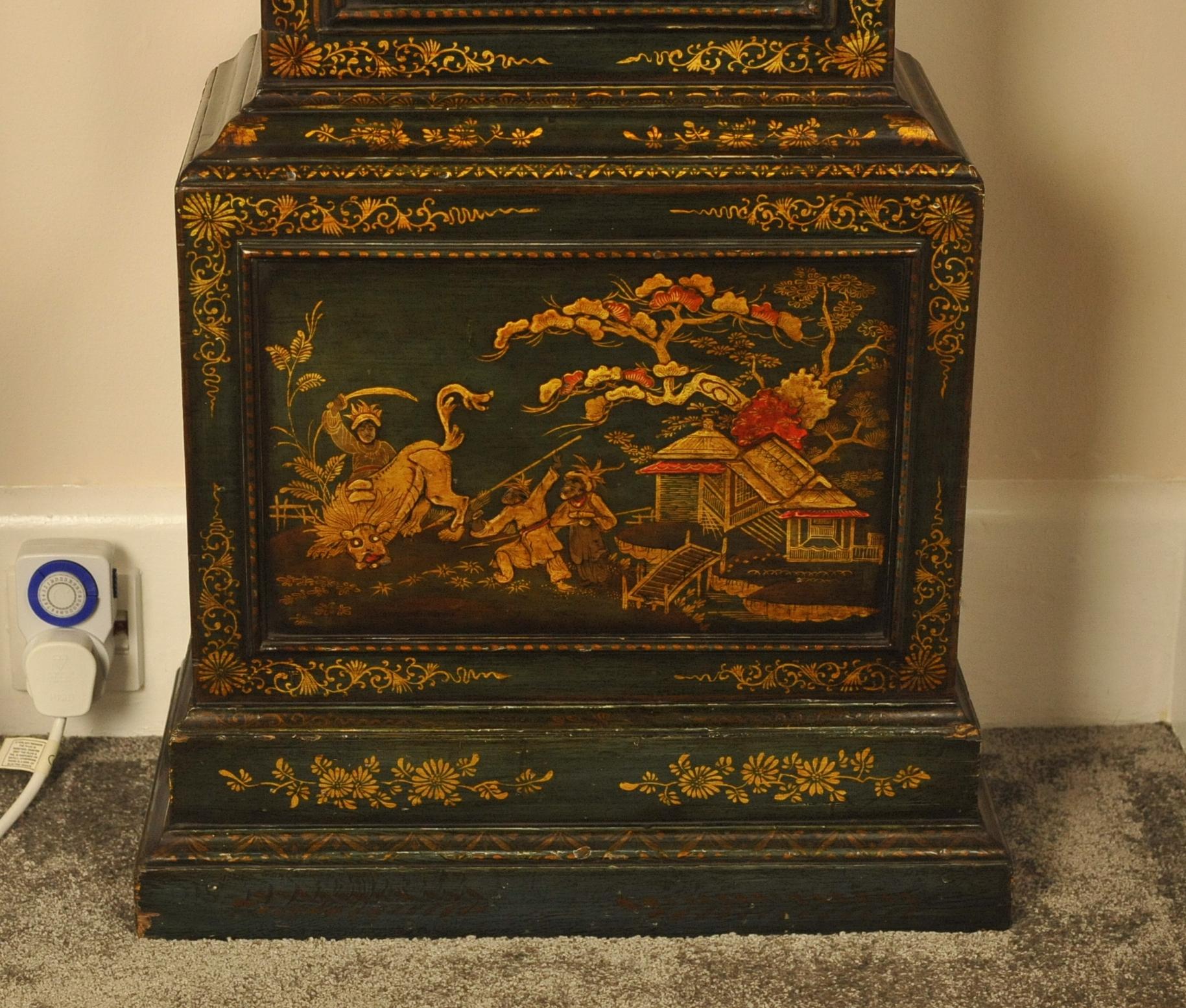 Lacquered Windmills Green Lacquer Chinoiserie Longcase Clock For Sale