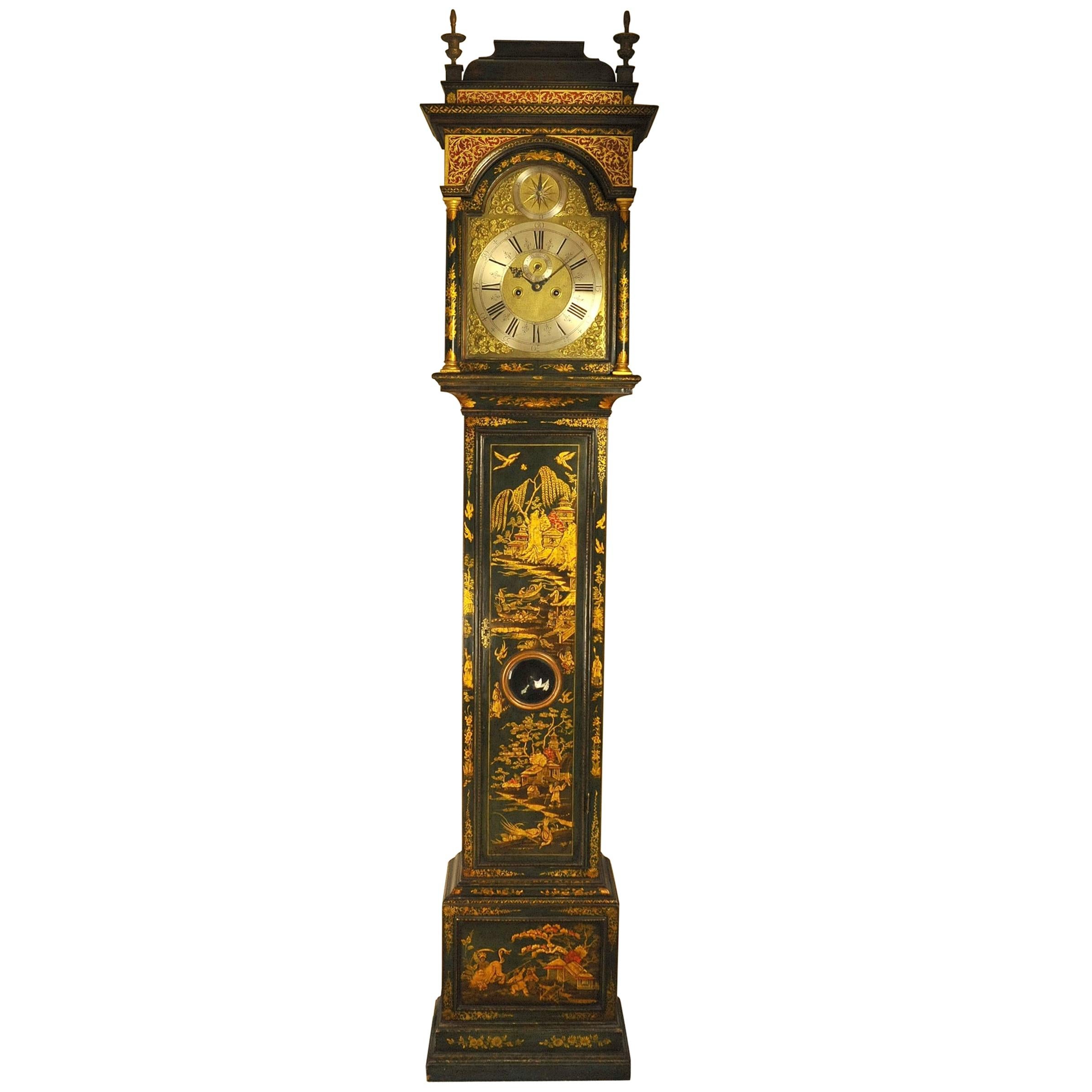 Windmills Green Lacquer Chinoiserie Longcase Clock For Sale