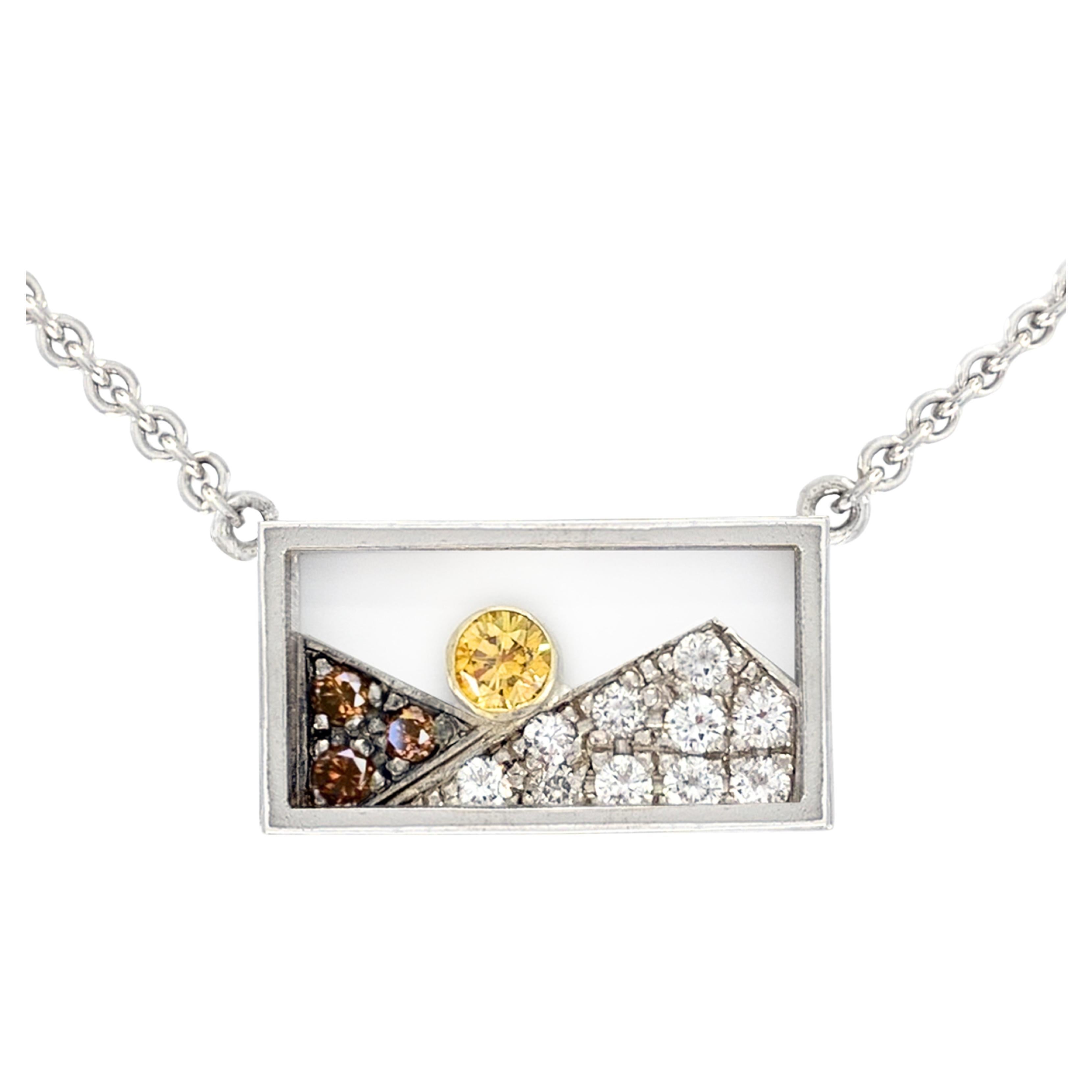 "Window Box" Necklace in White Gold with Orange Sapphire Sun, Diamond Mountains