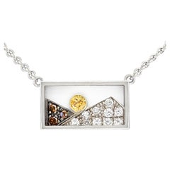 "Window Box" Necklace in White Gold with Orange Sapphire Sun, Diamond Mountains