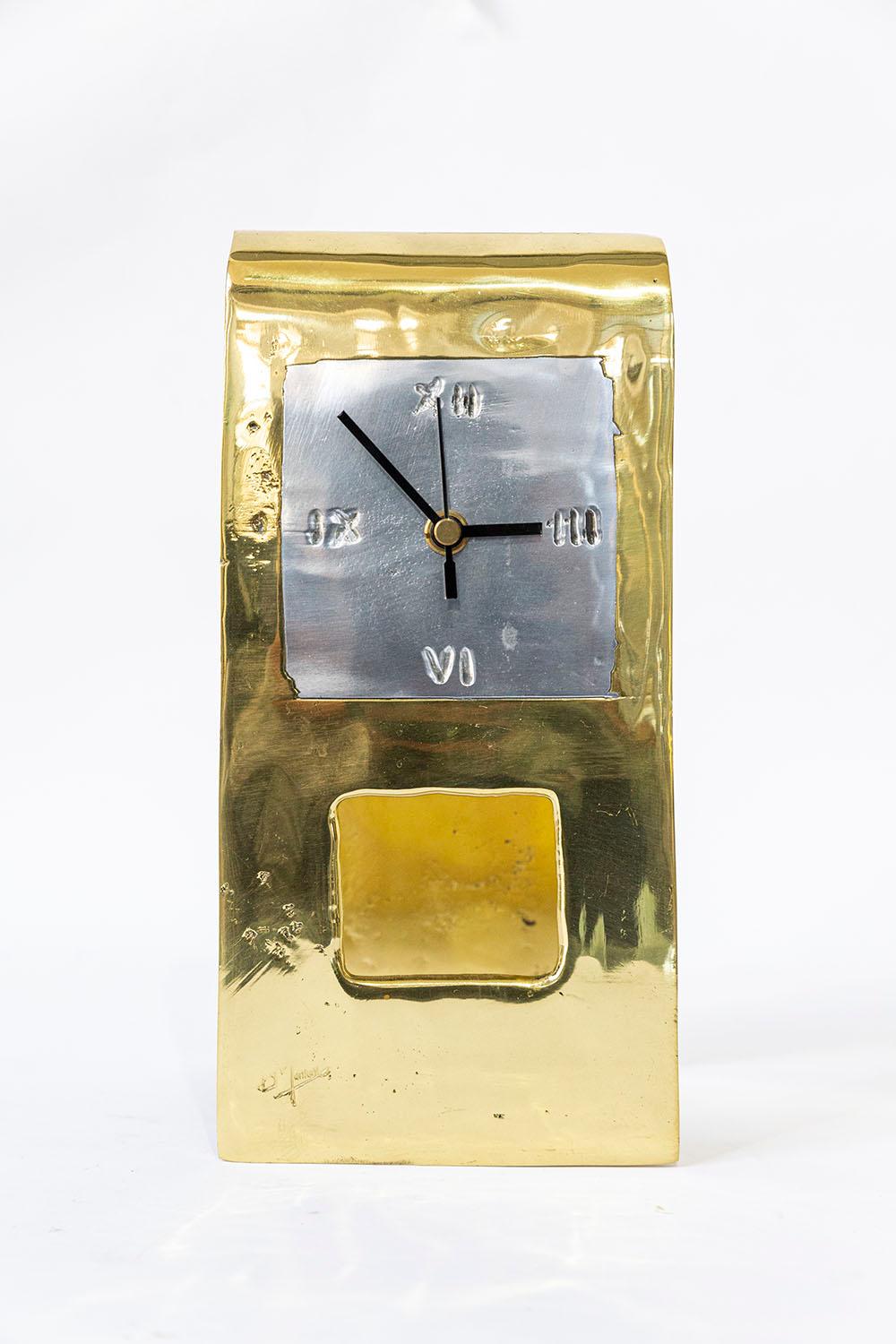 Brutalist Window Clock D002 Brass and Aluminium Handmade For Sale