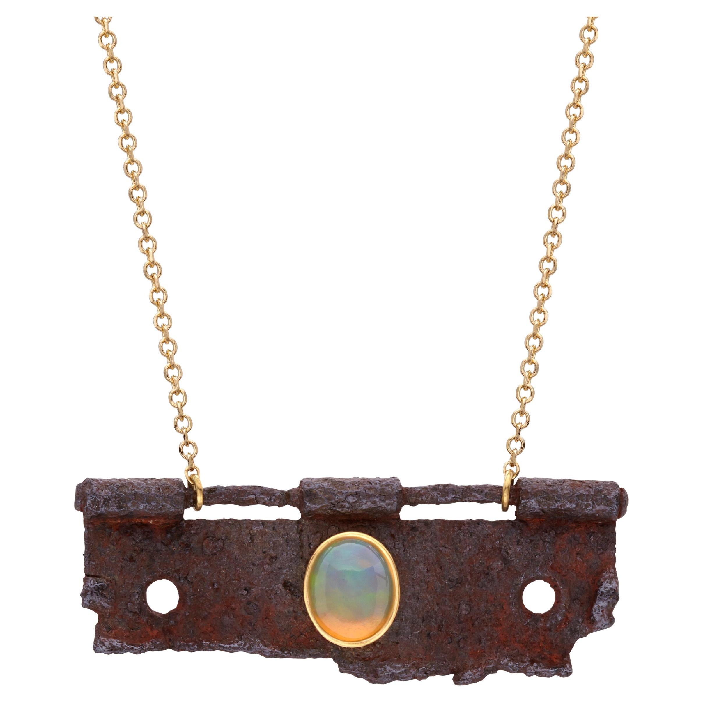 Window Pendant Necklace in 9Kt Yellow Gold with Opal and Founded Rusty Object For Sale