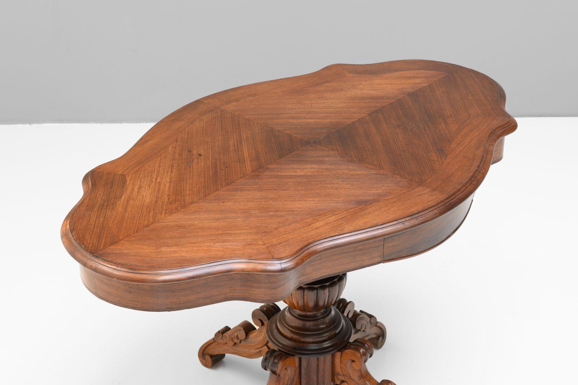 French window table on pedestal base with two drawers in frieze. Circa 1890
H 69cm x W 114cm x D 69cm