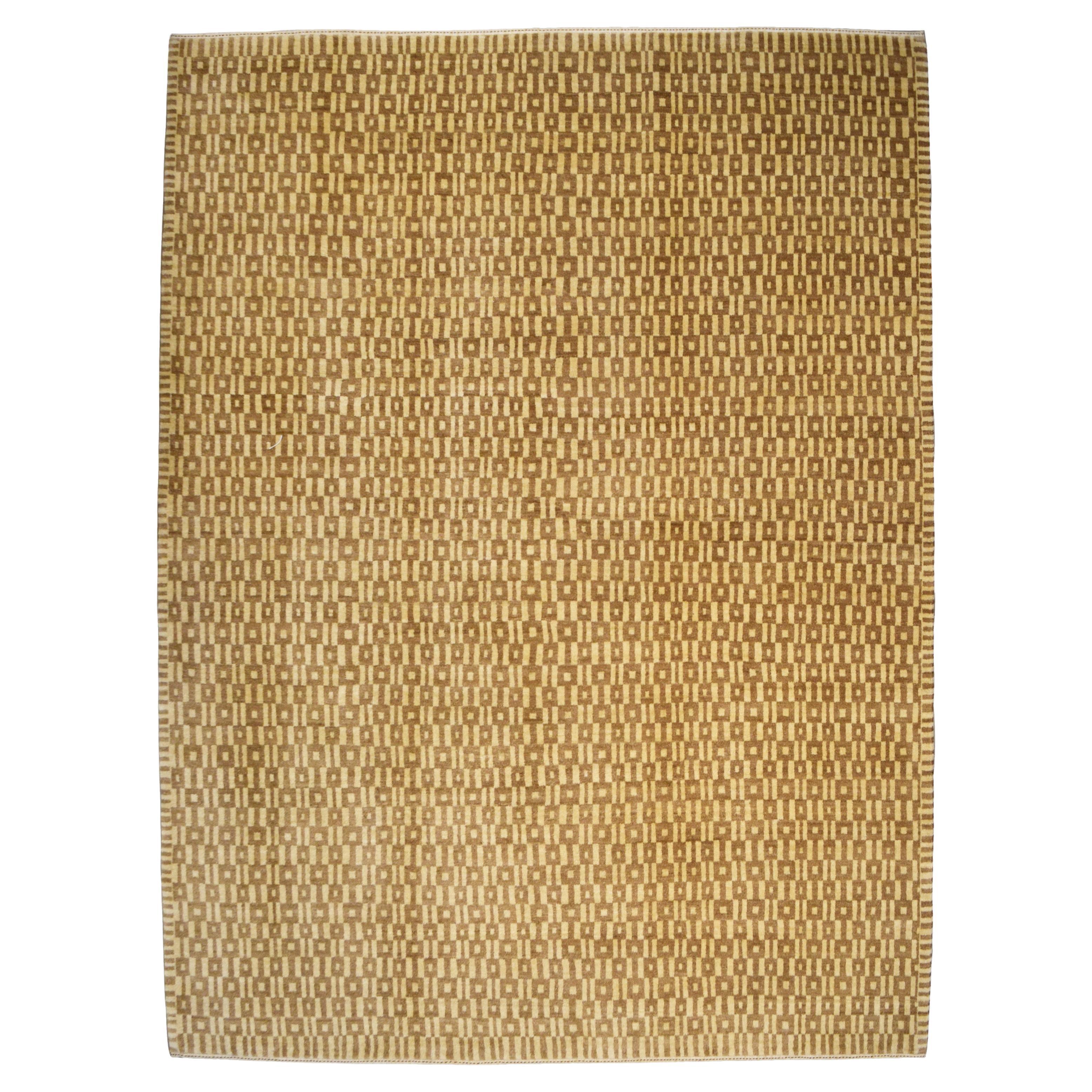Hand-Knotted Art Deco Persian Rug in Cream and Brown Wool, 7' x 8'