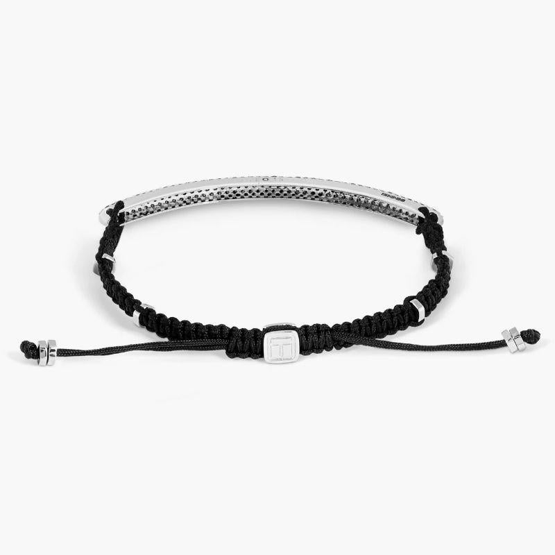 Windsor Baton Bracelet with 139 Micro Pavé Black Diamonds in Macramé, Size M

139 black pave set diamonds sit within our rhodium plated, sterling silver frame with silver disc elements added around the bracelet, to give little flashes of light