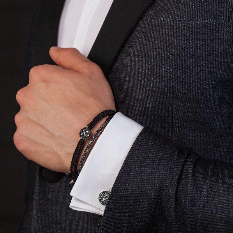 Men's Windsor Baton Bracelet with 139 Micro Pavé Black Diamonds in Macramé, Size M For Sale