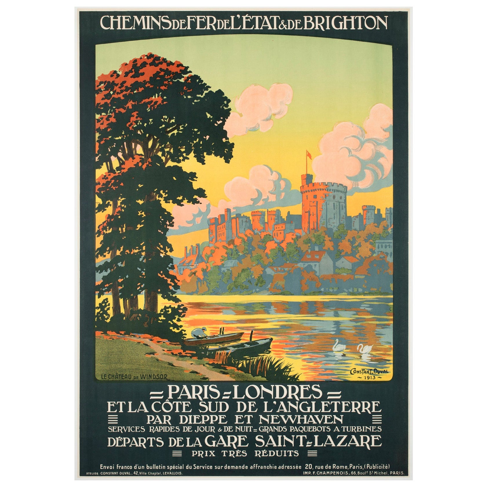 Château de Windsor c1913 Affiche publicitaire pour les chemins de fer français, Constant Duval en vente
