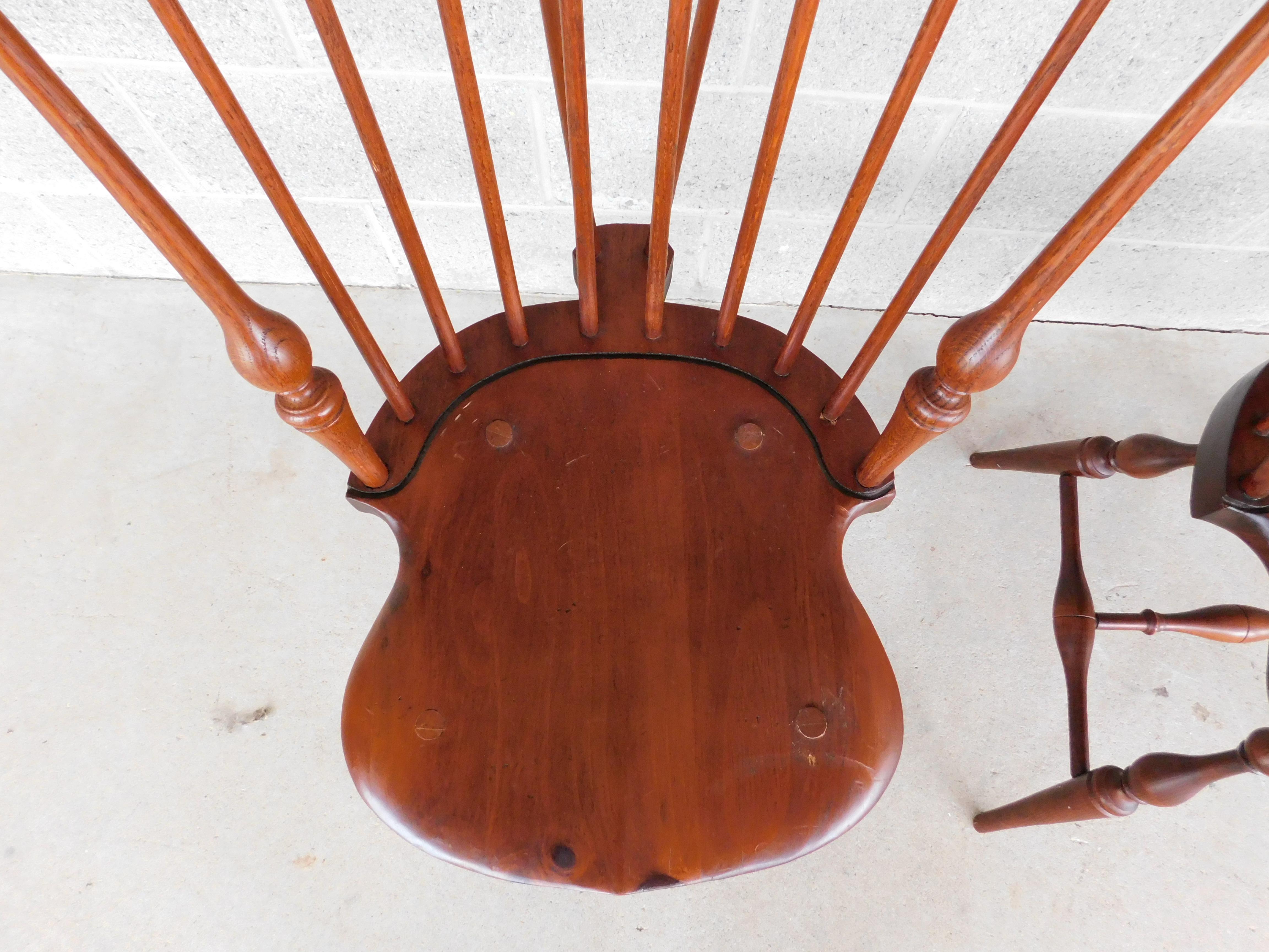 Windsor Fan Back Brace Back Side Chairs by Tubb - Set of 4

Hand Made, Pine Seat Bottoms, Hardwoods used for the Fan Back and Turned Legs

Original Finish, Good Sturdy Condition, Natural Age Marks on the Seats Bottoms, Normal Small Scuffs on the