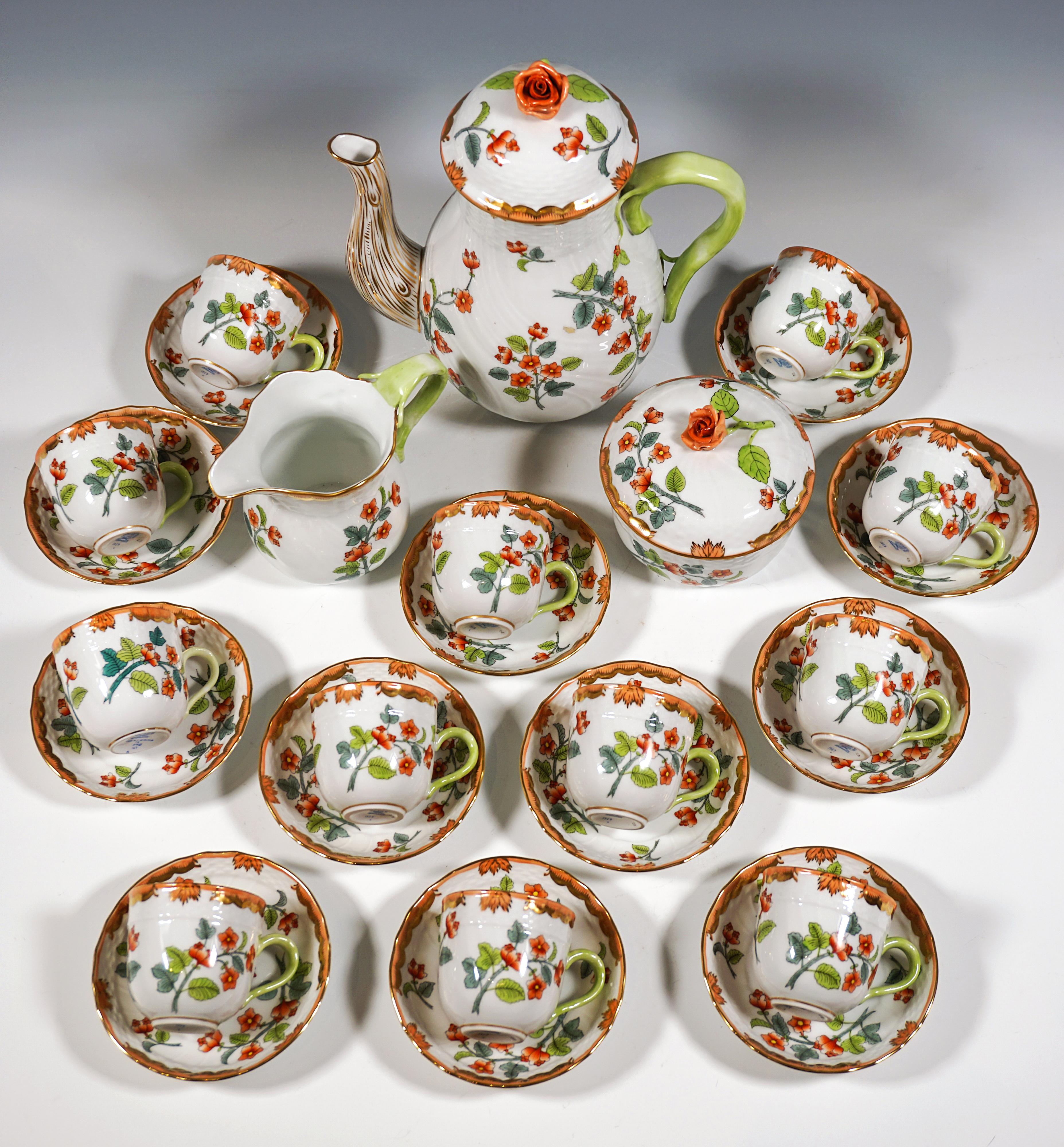 Herend service, consisting of 27 parts: a large coffee pot with lid, a milk jug, a sugar bowl, twelve coffee cups, twelve saucers.
Form:   Osier / basket weave
Decor:  WBOS - Windsor with gold-plated simple edge / Livia - branches with 
Windsor
