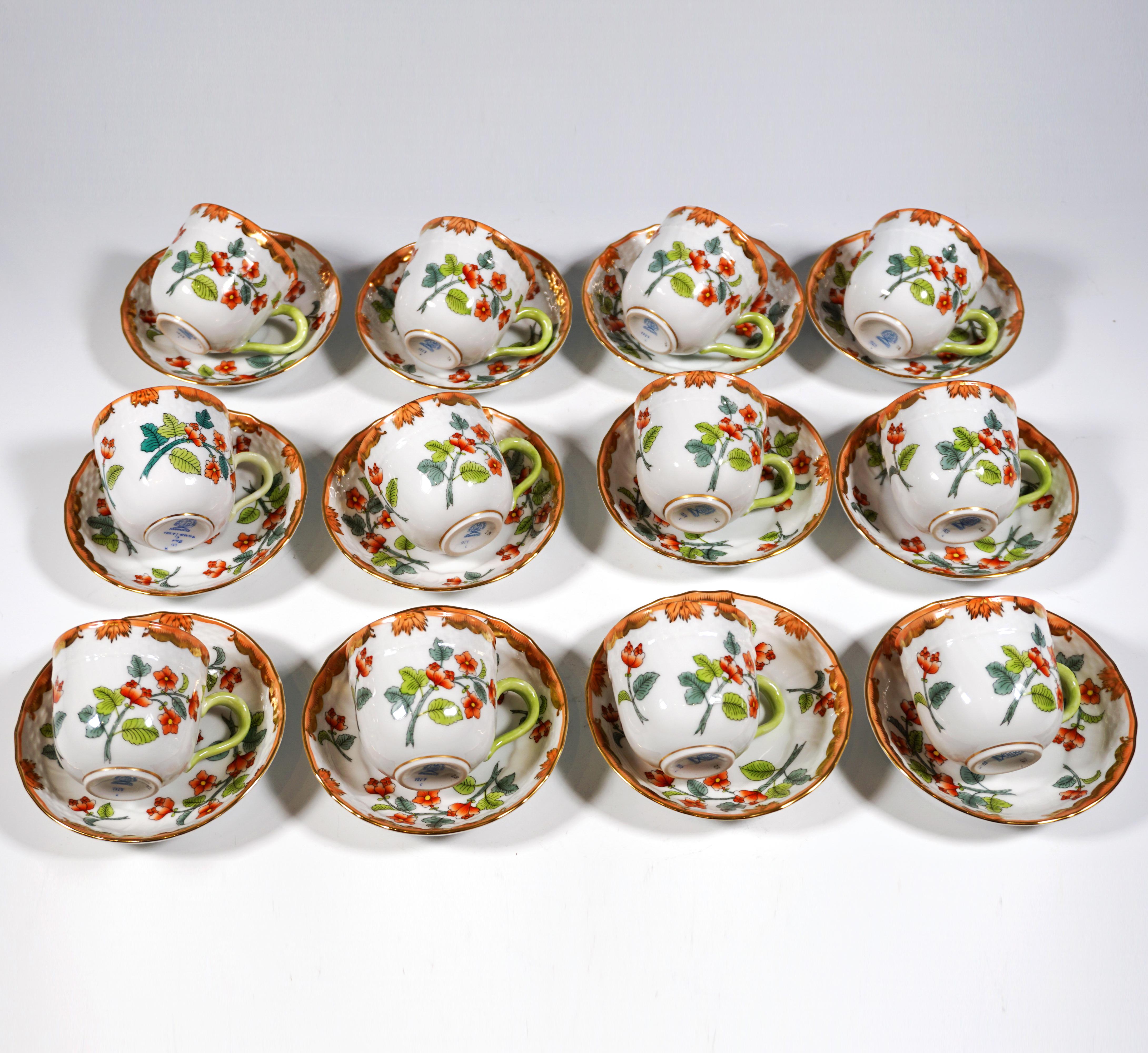 Painted Windsor Flowers 'Livia' Coffee Set For 12 Persons, Herend Hungary, 20th Century For Sale