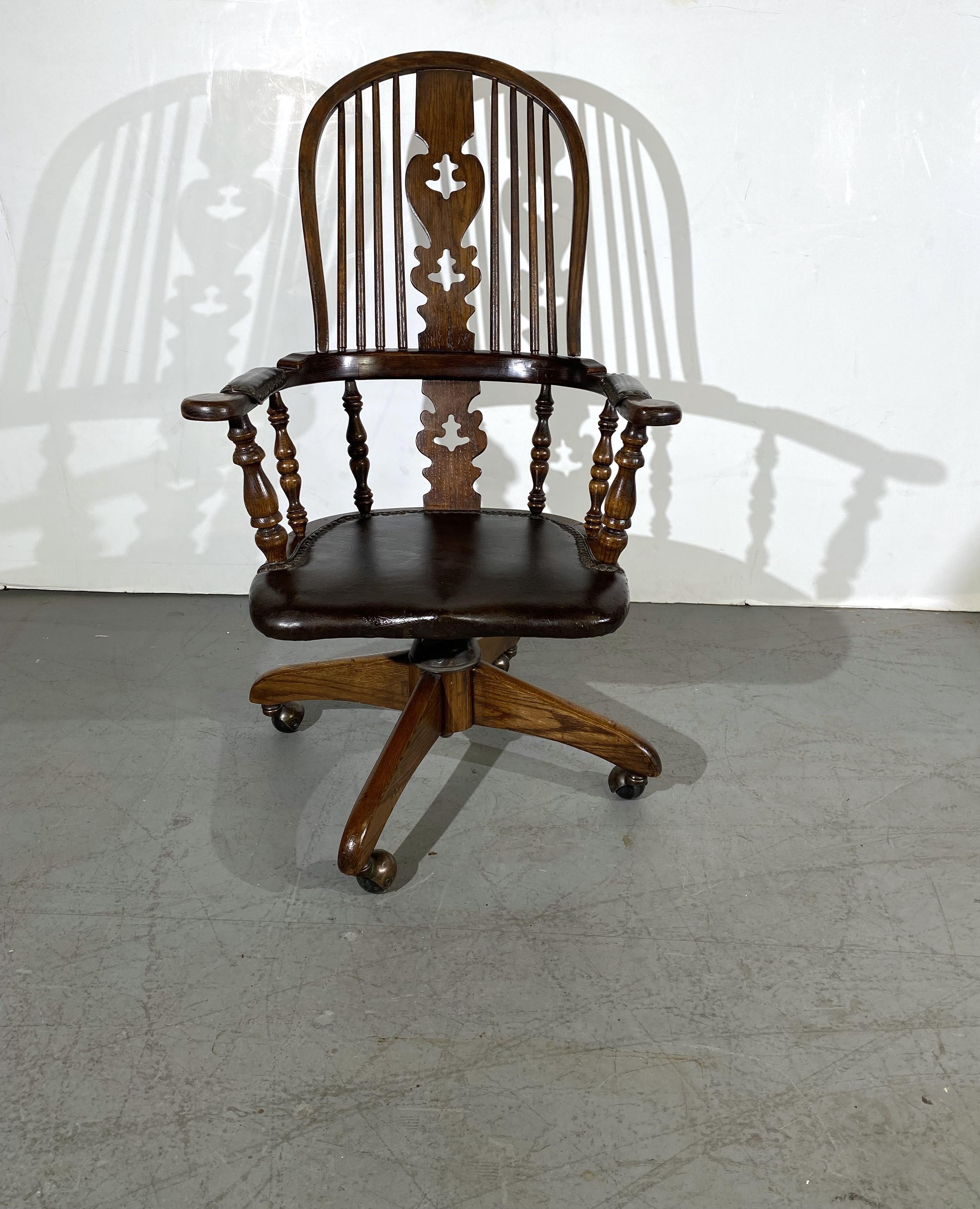 English Windsor Leather Seat Swivel  Desk Chair