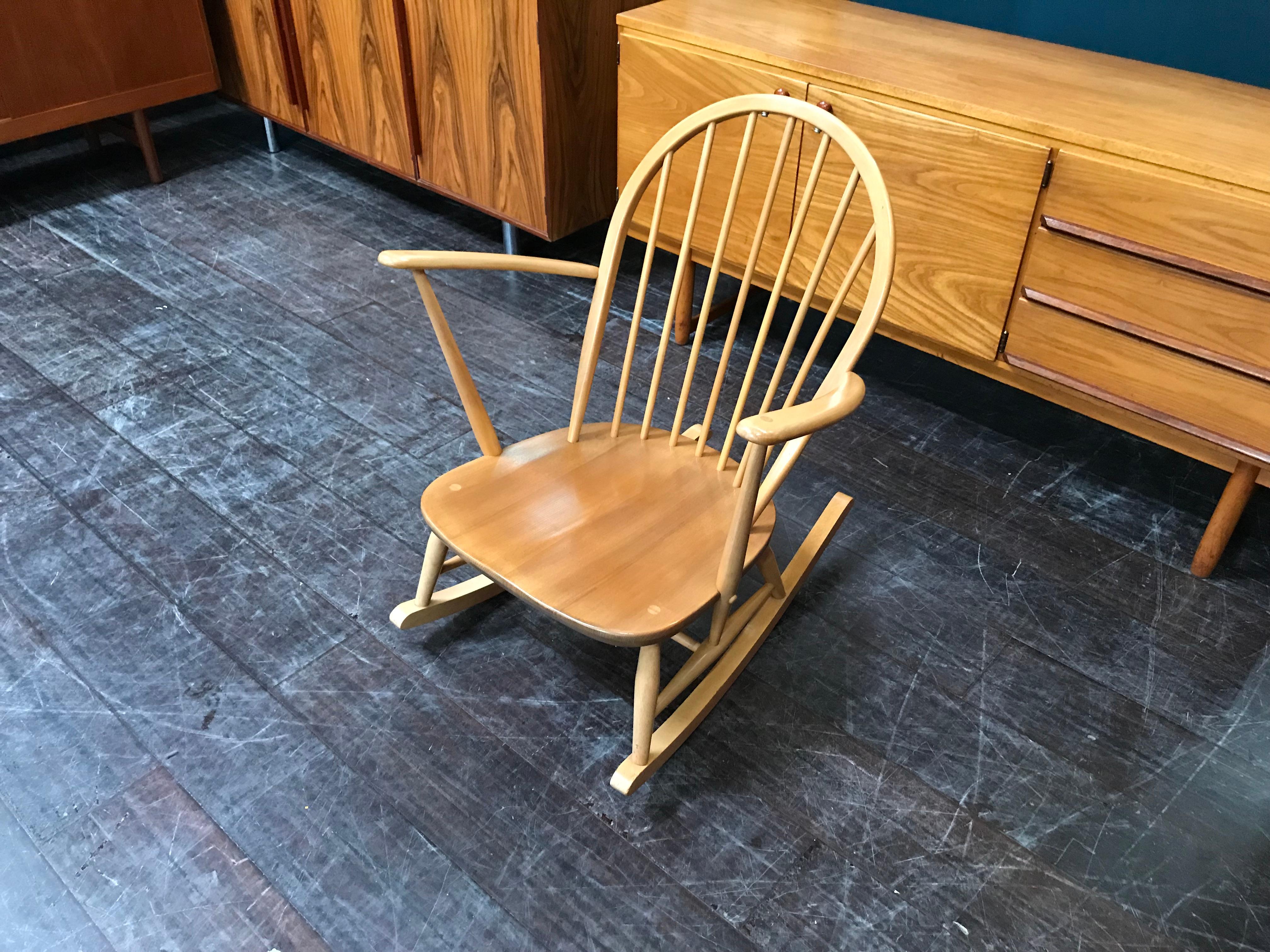 English Windsor Rocking Chair by Lucian Ercolani for Ercol, Blonde, Elm and Beech For Sale