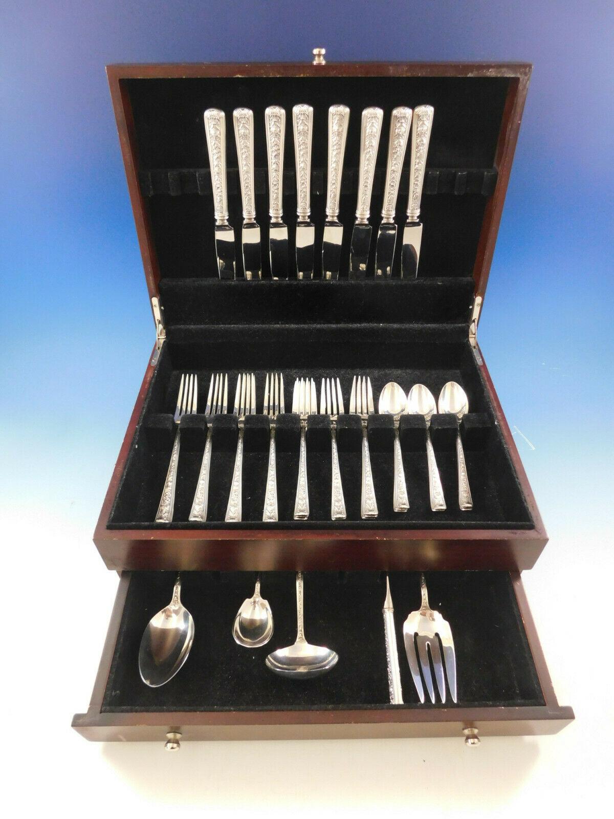 Windsor Rose by Watson circa 1940s sterling silver flatware set, 37 pieces. This set includes:

8 knives, 9 1/8