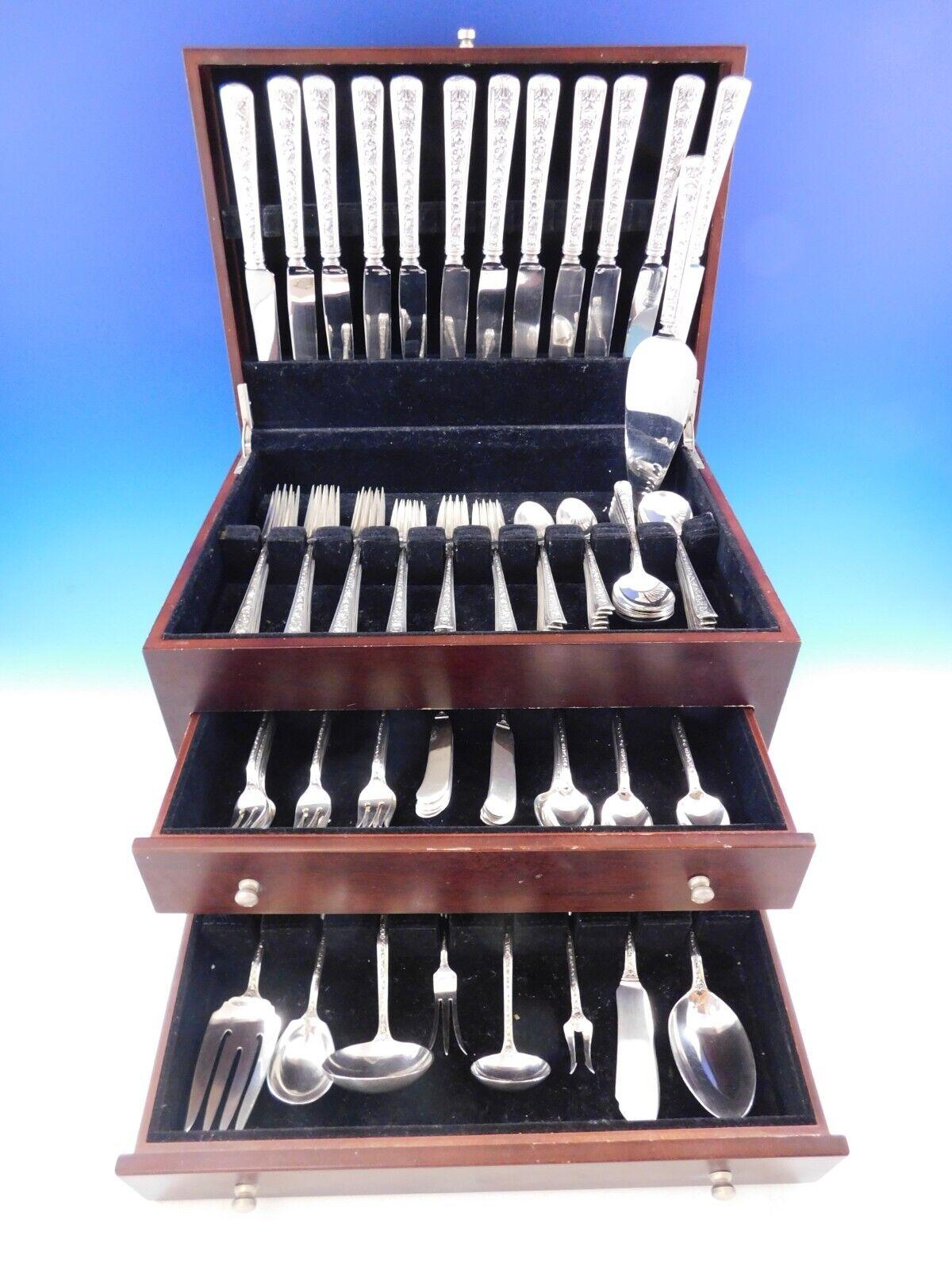 Superb dinner size Windsor Rose by Watson Sterling Silver Flatware set - 105 pieces. This set includes:

12 Dinner Size Knives, 10