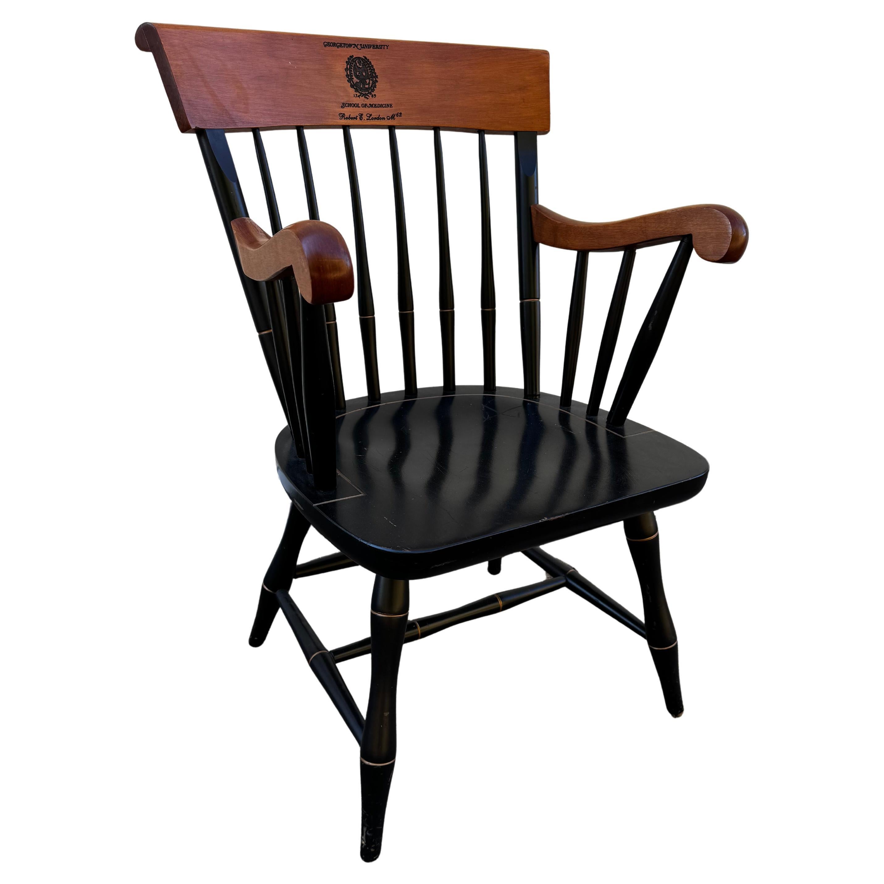 Windsor Style Black Lacquer Georgetown University Armchair For Sale