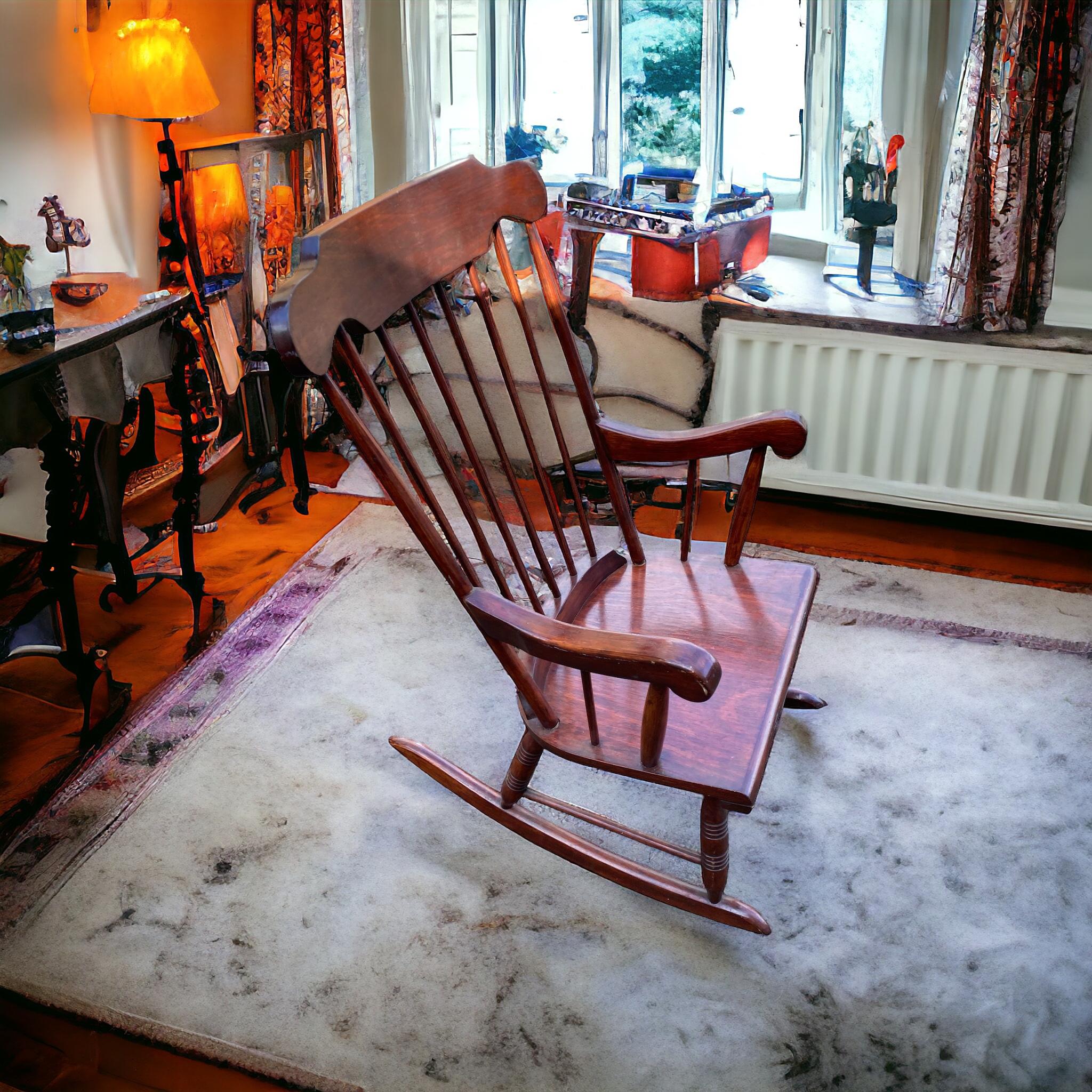 Windsor style rocking chair, Mid 20th Century, Red Mahogany wood For Sale 4