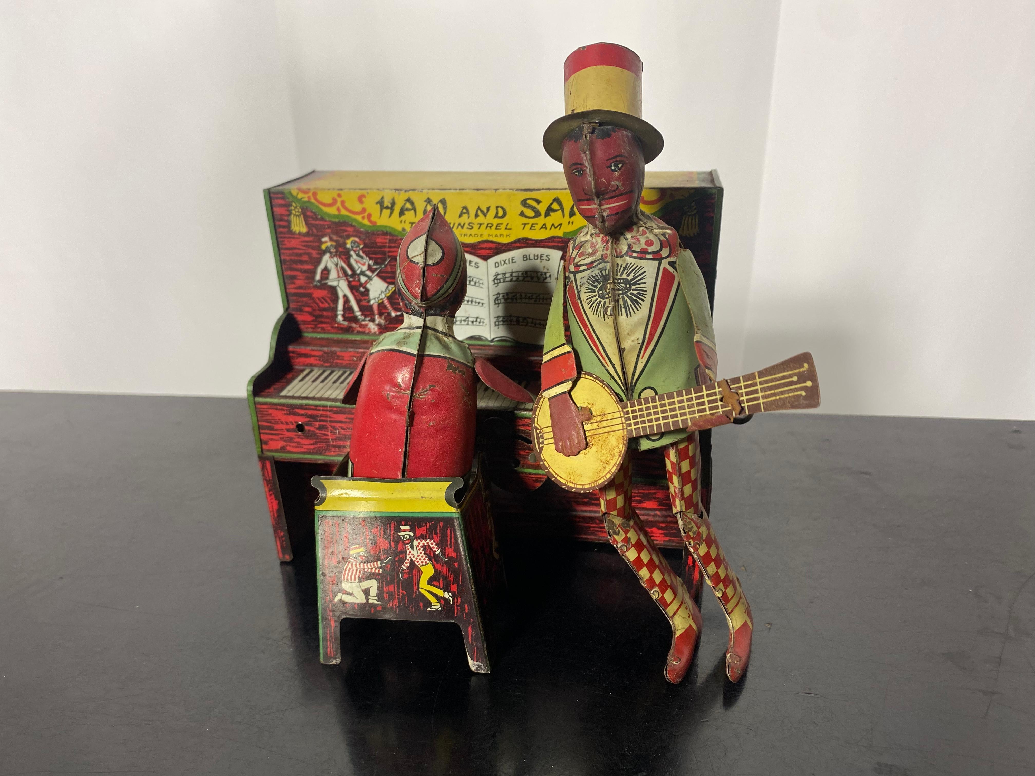 American Windup Ham and Sam “The Minstrel Team” Tin Litho Toy c.1921, ,  Piano / banjo For Sale