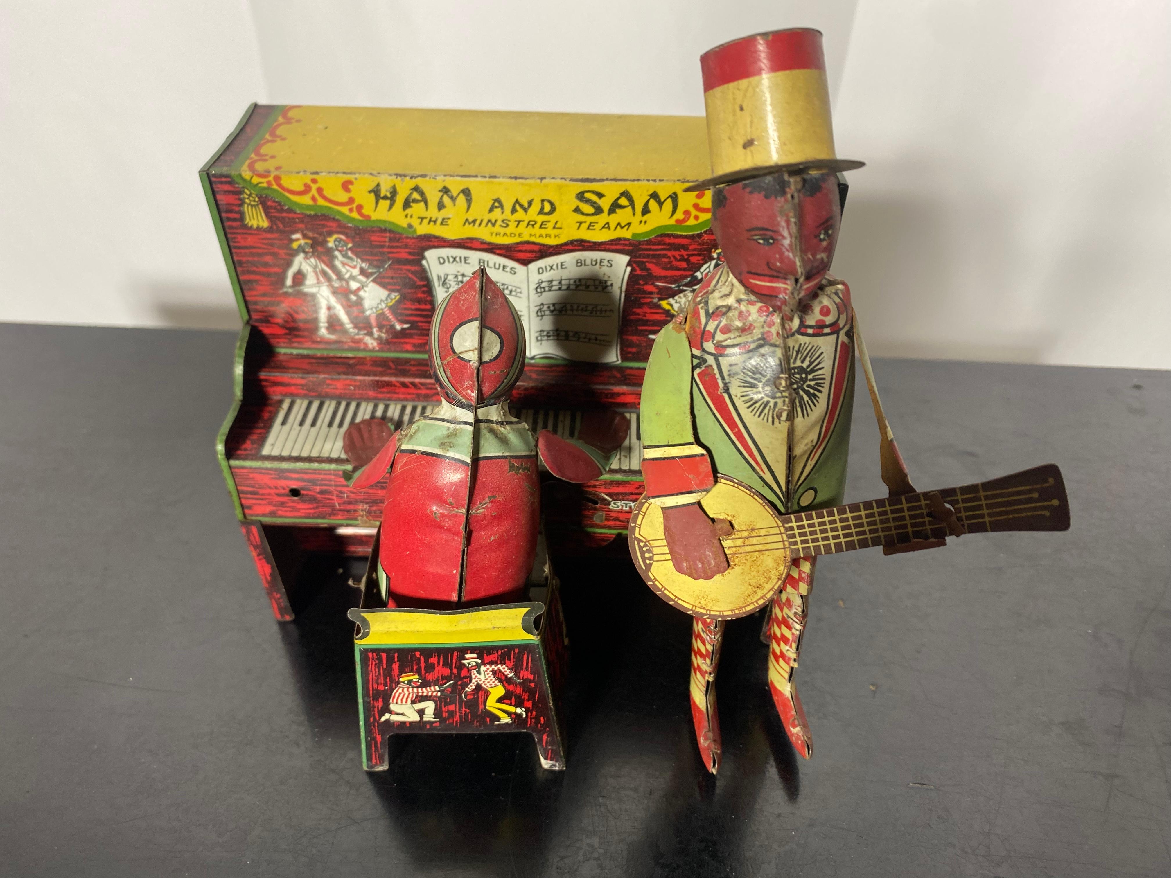 Metal Windup Ham and Sam “The Minstrel Team” Tin Litho Toy c.1921, ,  Piano / banjo For Sale