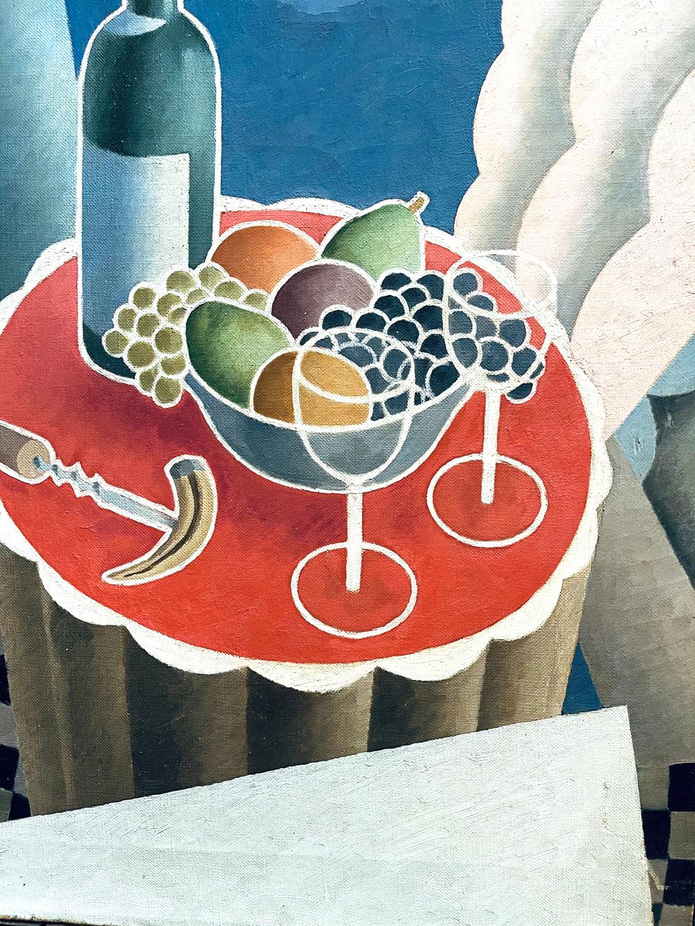 Clearly showing the influence of French Cubism and Art Deco, this gorgeous, brilliantly-hued painting depicts a bottle of wine, a bowl of fruit, a wine bottle opener and wine glasses, all on a tilted table with fluted sides that is framed by
