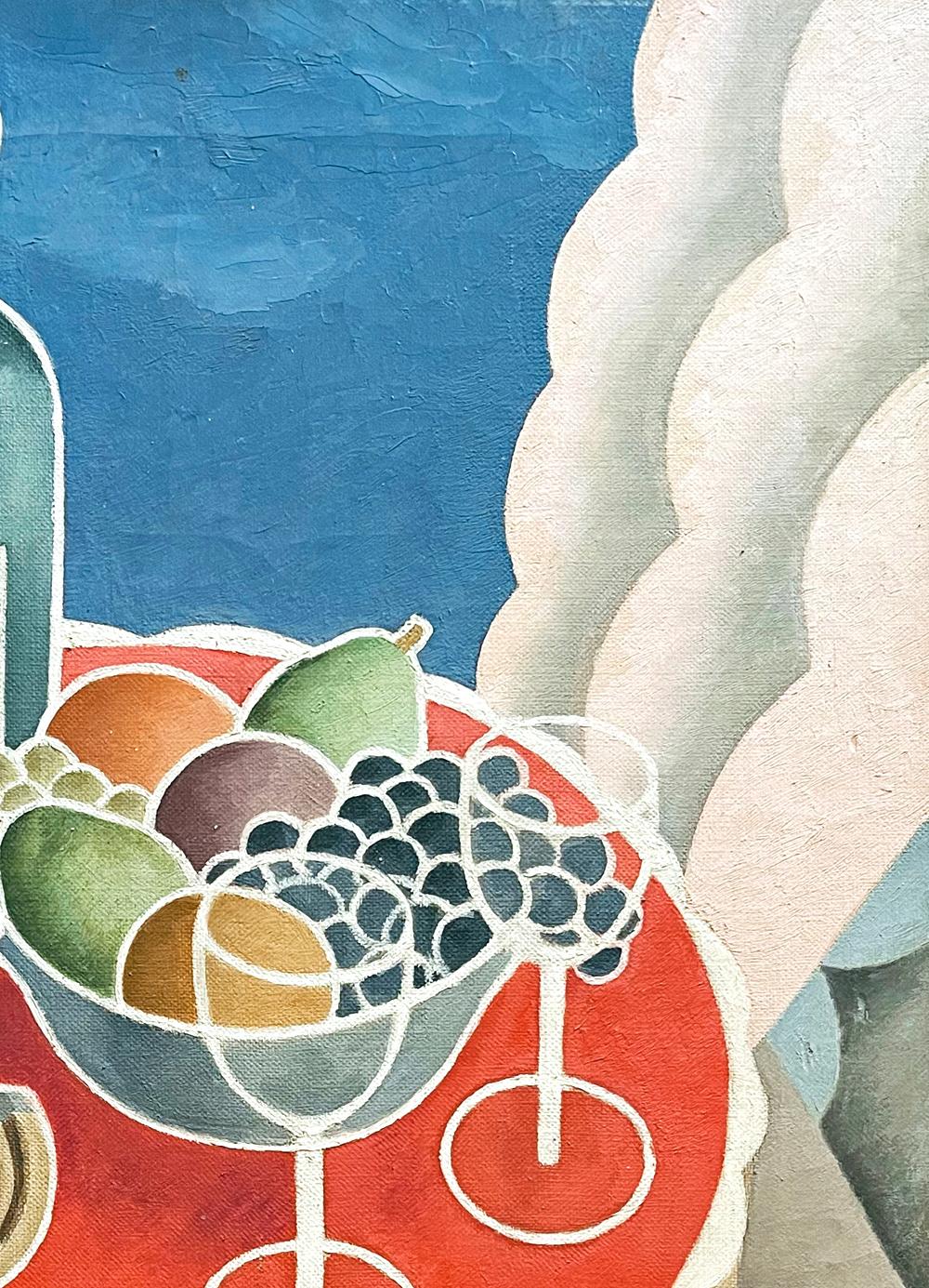 Français Peinture cubiste Art déco en rouge et bleu, « Wine and Fruit Served » en vente
