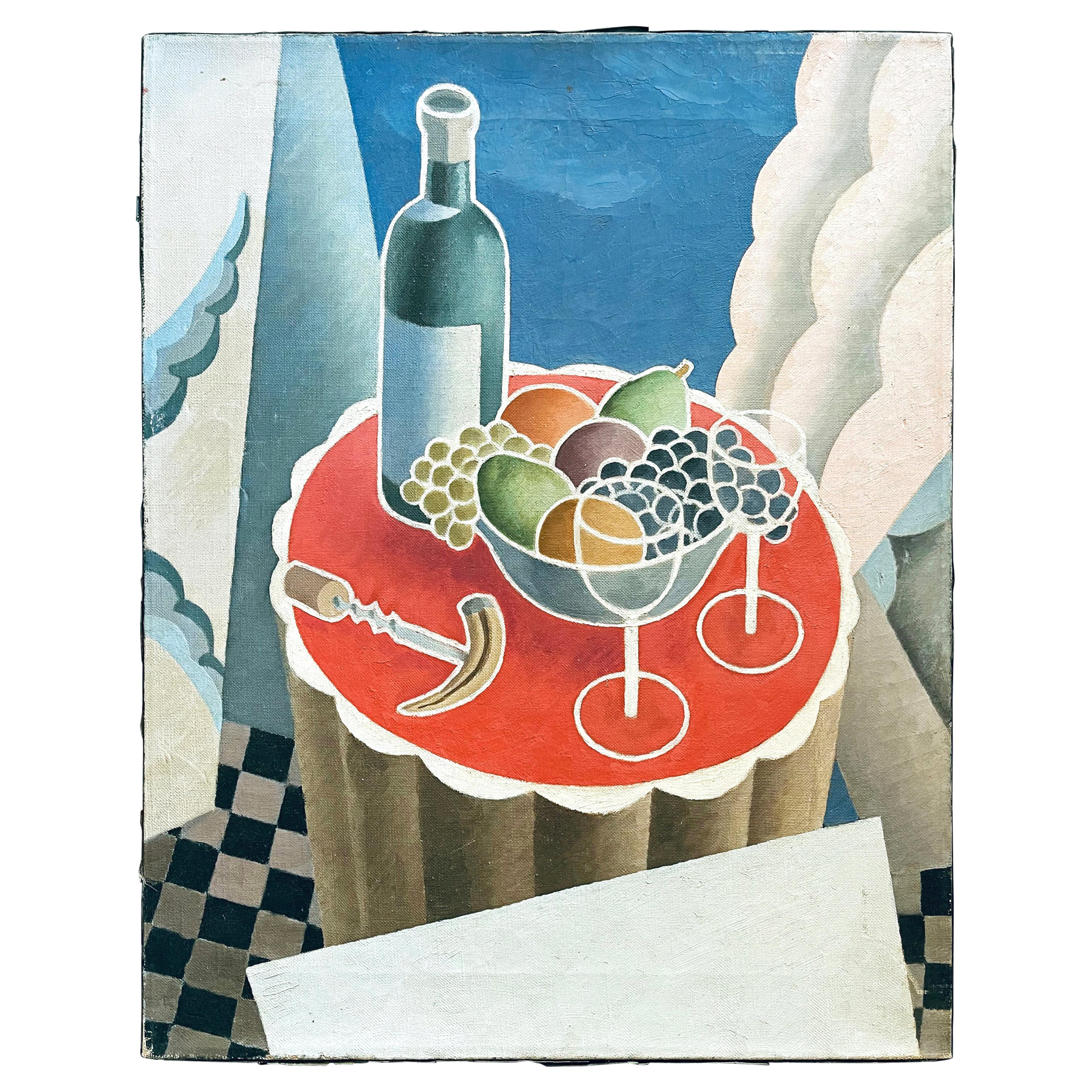Peinture cubiste Art déco en rouge et bleu, « Wine and Fruit Served »