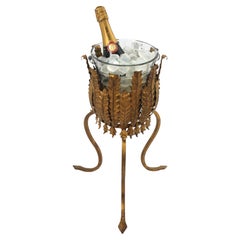 Wine Cooler Ice Bucket Drinks Stand in Gilt Iron and Glass, 1940s