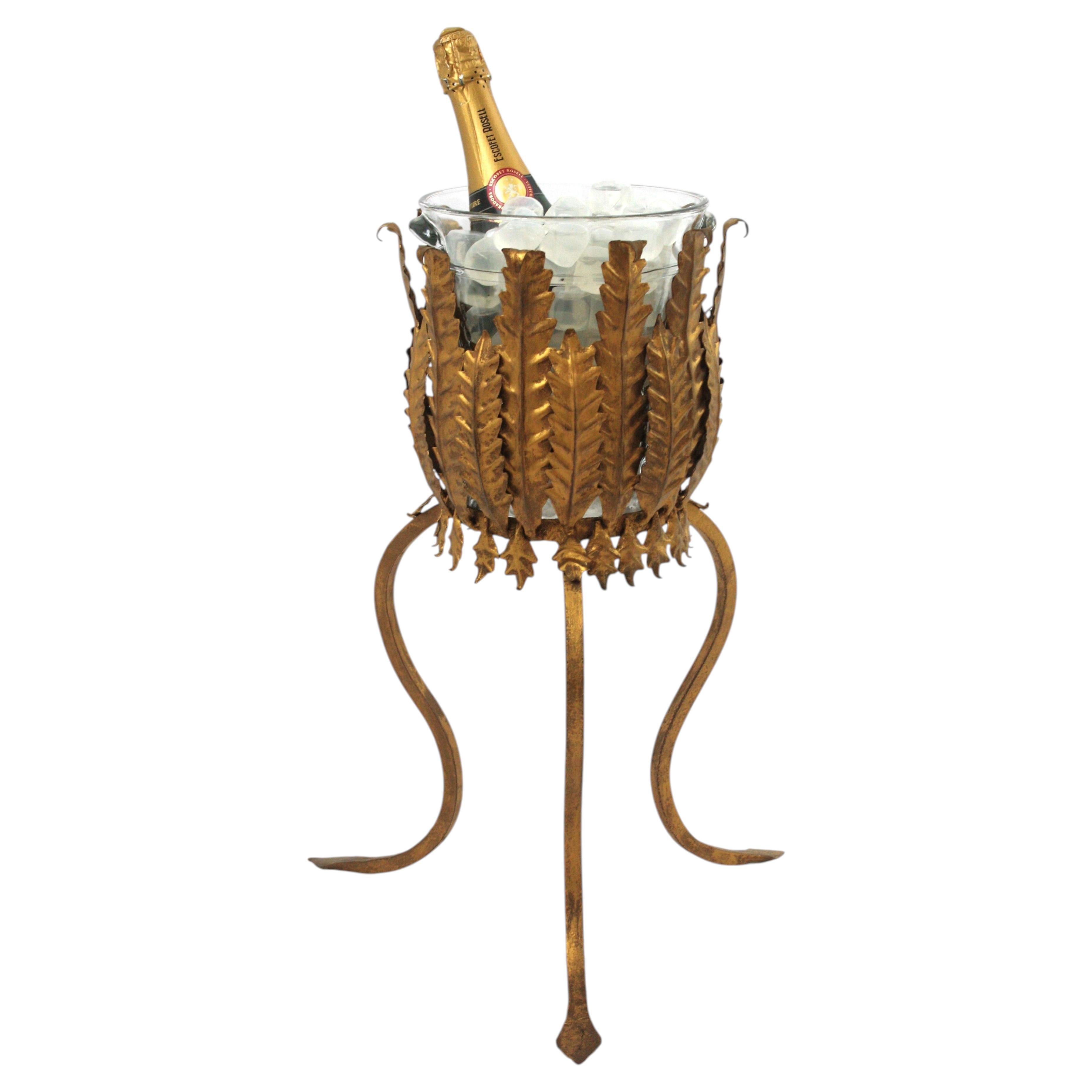 Wine Cooler Ice Bucket Drinks Stand in Gilt Iron and Glass, 1940s